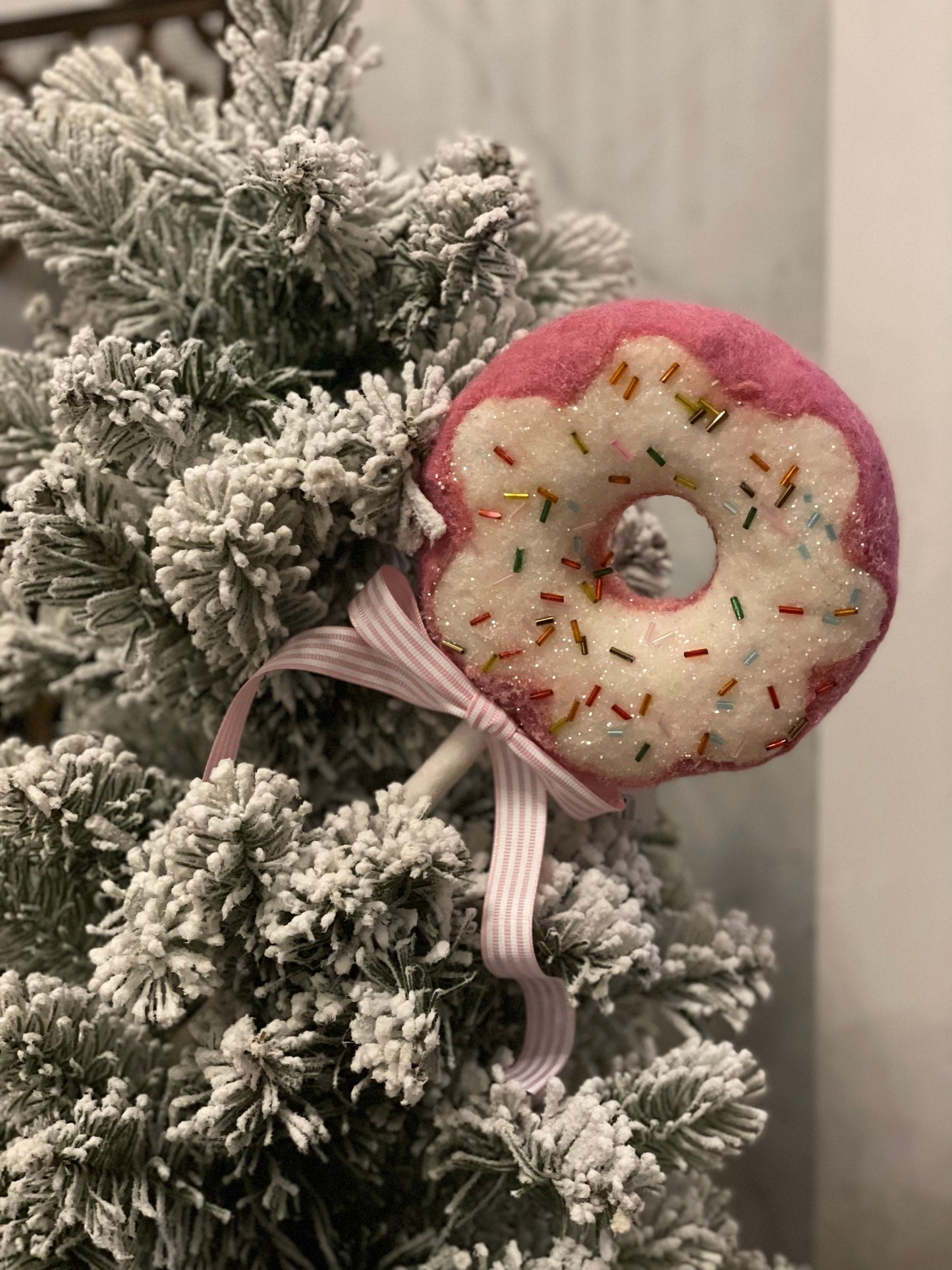 18” H x 5.5” D. Pink Dougnut pick ornament.