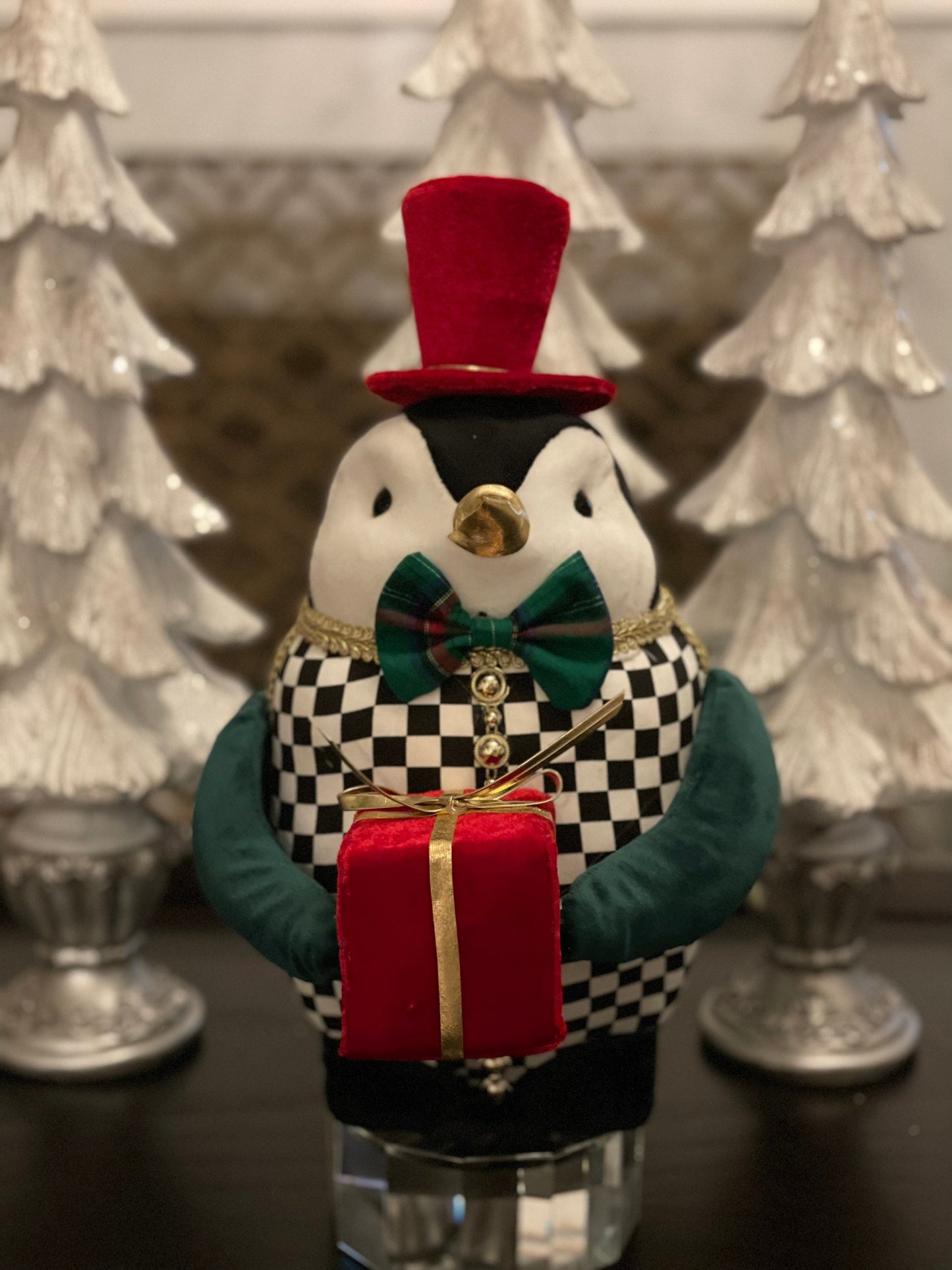 13” H x 8 W. Penguin green checkered ornament. Green, red, white and black. Christmas.