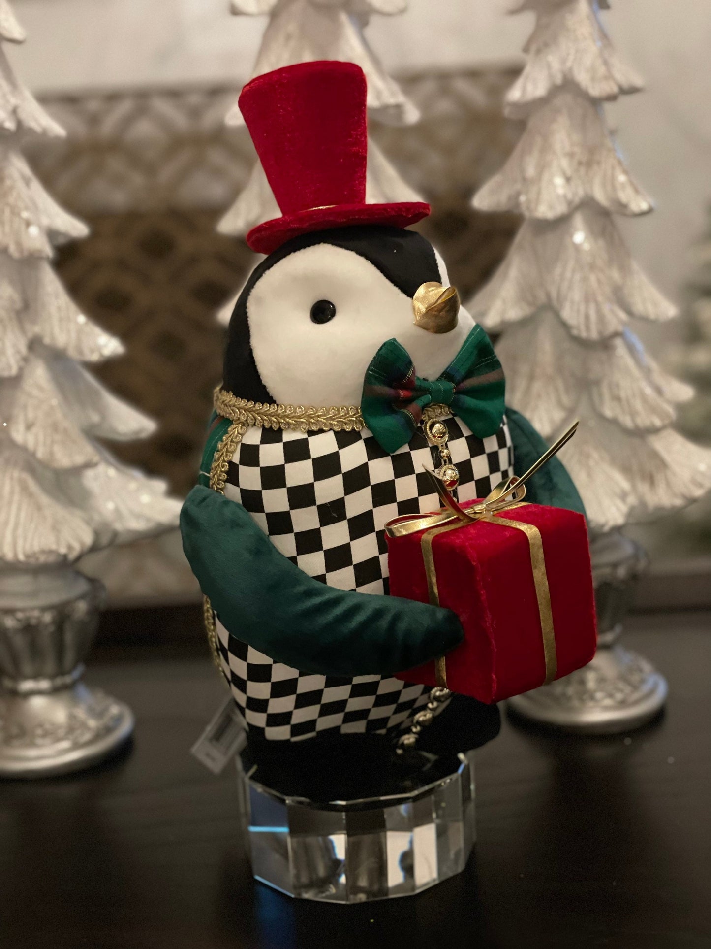 13” H x 8 W. Penguin green checkered ornament. Green, red, white and black. Christmas.