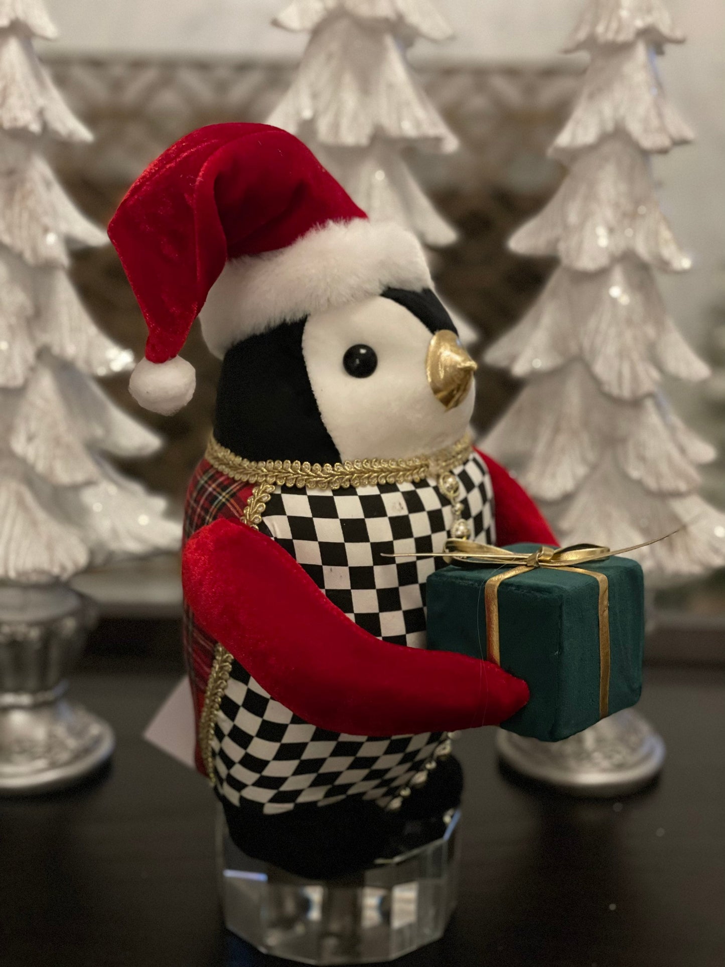 13” H x 8 W. Penguin red checkered ornament. Green, red, white and black. Christmas.
