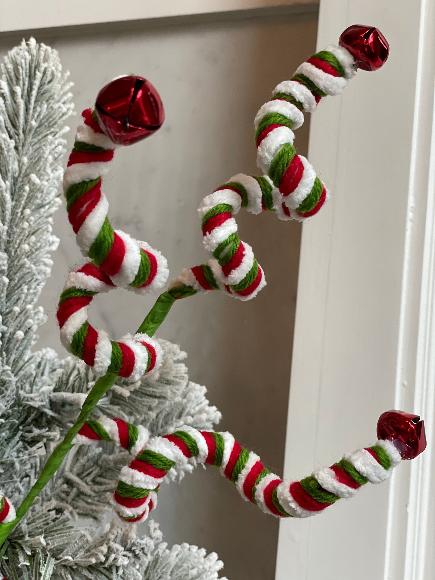 26" velvet bell curly spray. Candy. Green, red and white. Christmas.