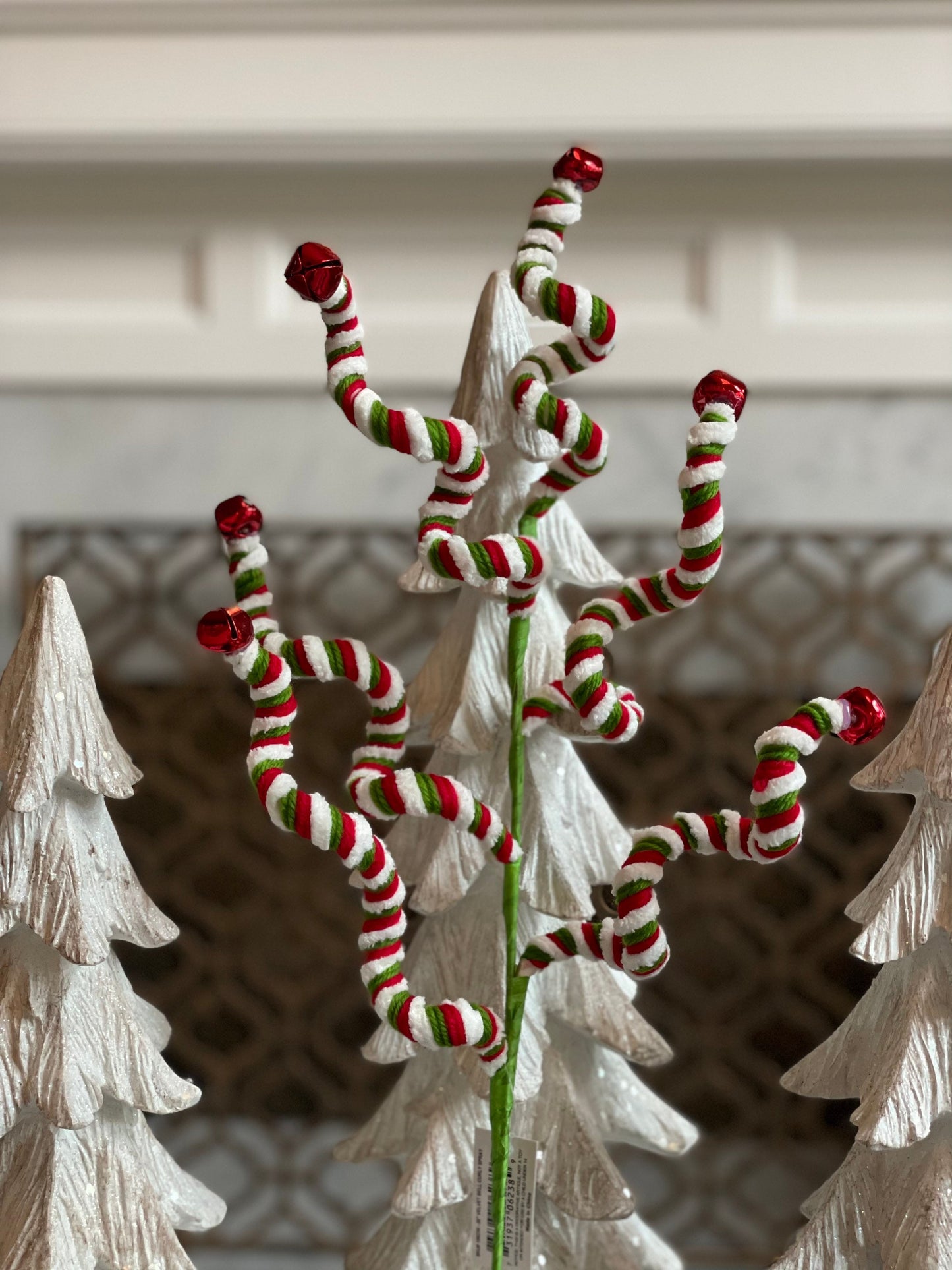 26" velvet bell curly spray. Candy. Green, red and white. Christmas.