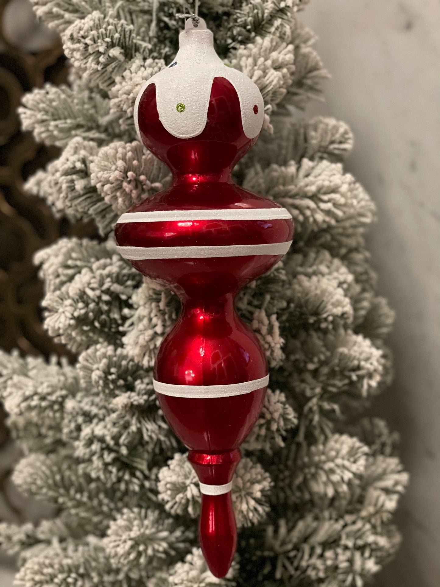 14” shatterproof finial ornament. Red and white. Candy theme.*