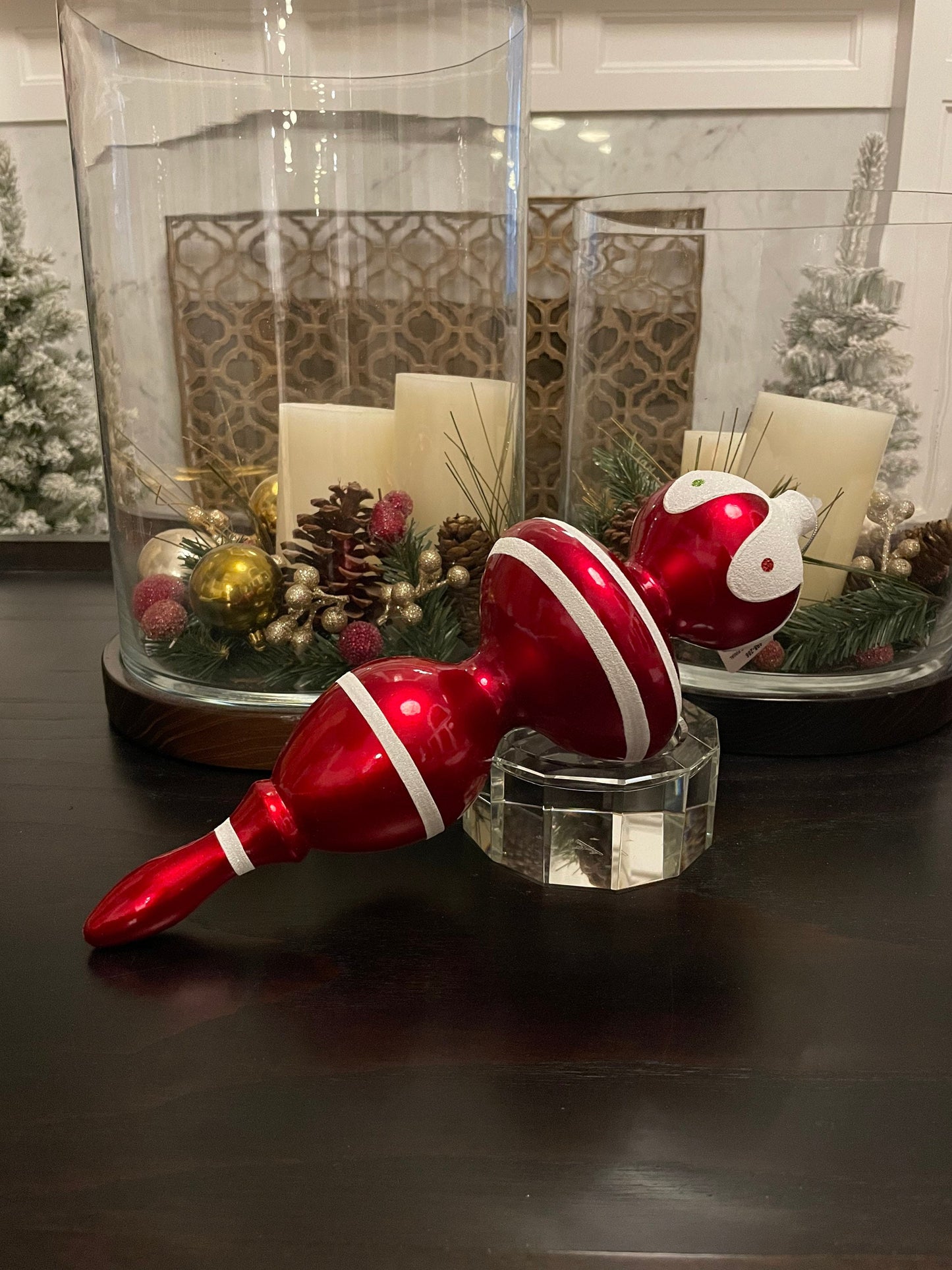 14” shatterproof finial ornament. Red and white. Candy theme.*