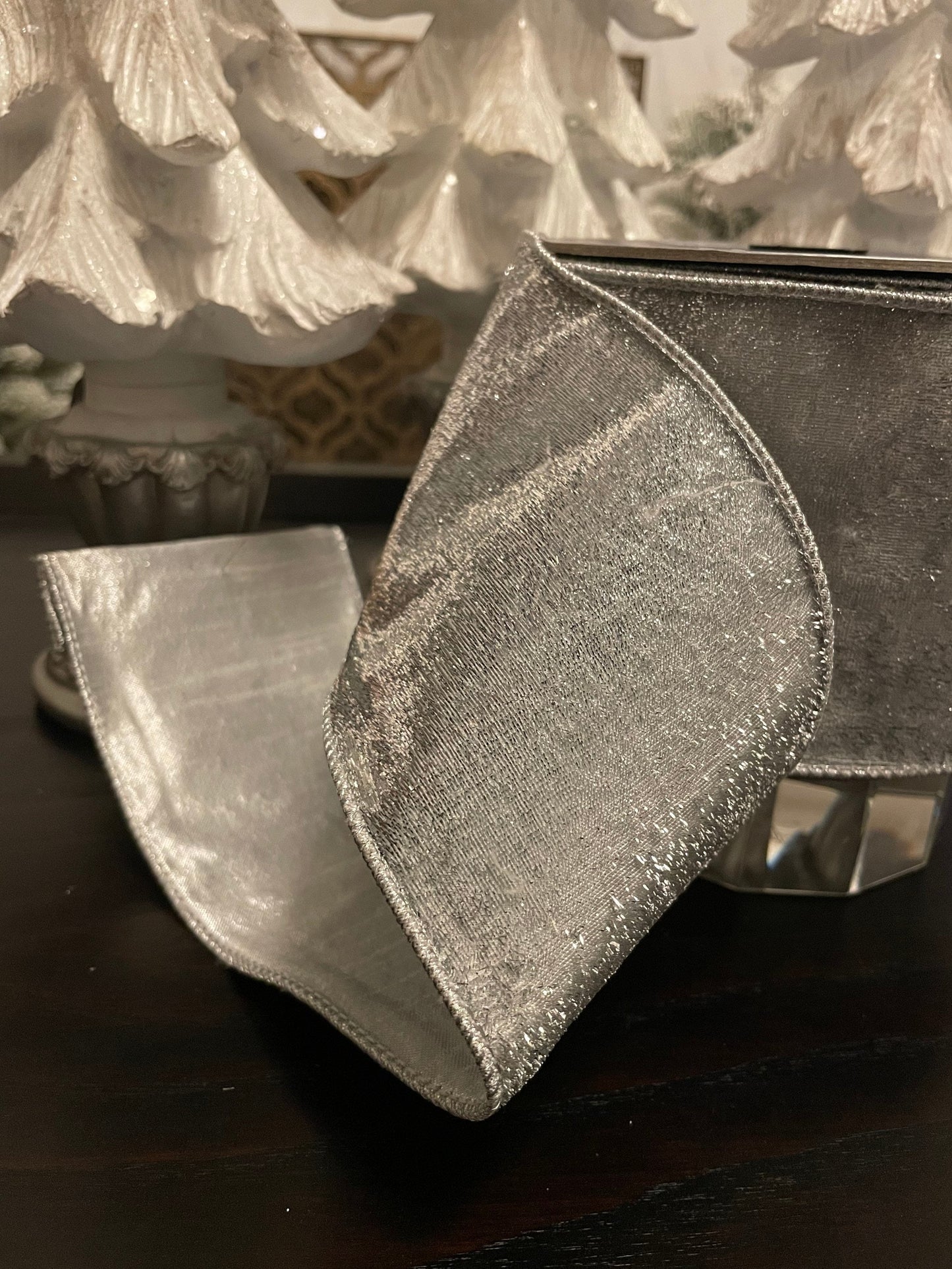 Designer lame velvet silver ribbon. 4”x 10 yards. Wired.*