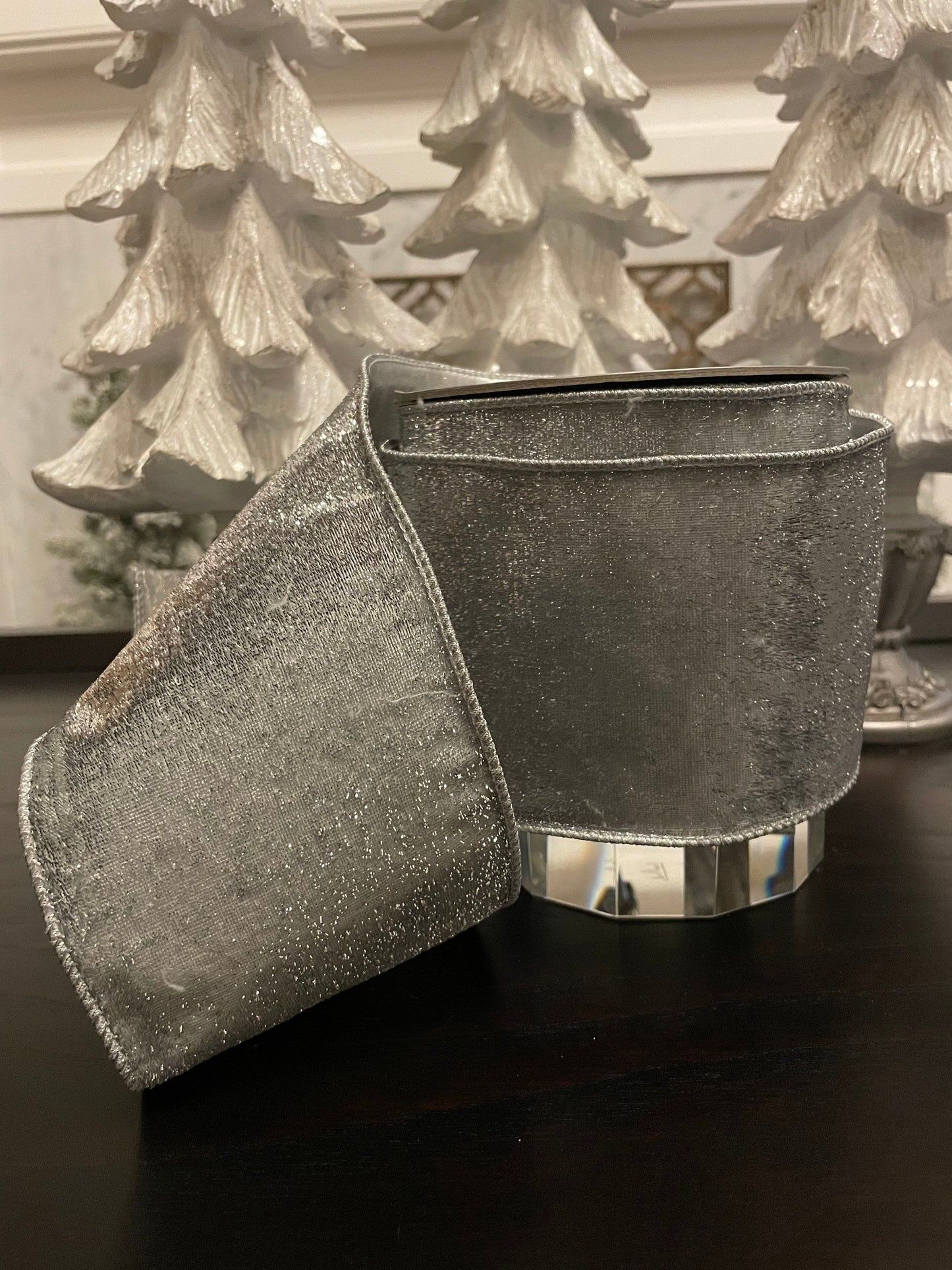 Designer lame velvet silver ribbon. 4”x 10 yards. Wired.*