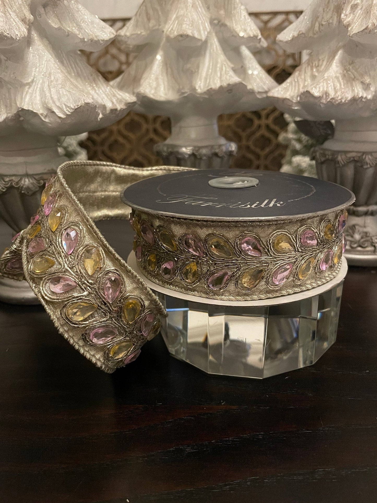 Designer wired pear shape jewel ribbon. 1.25” x 5 yards. Gorgeous!*