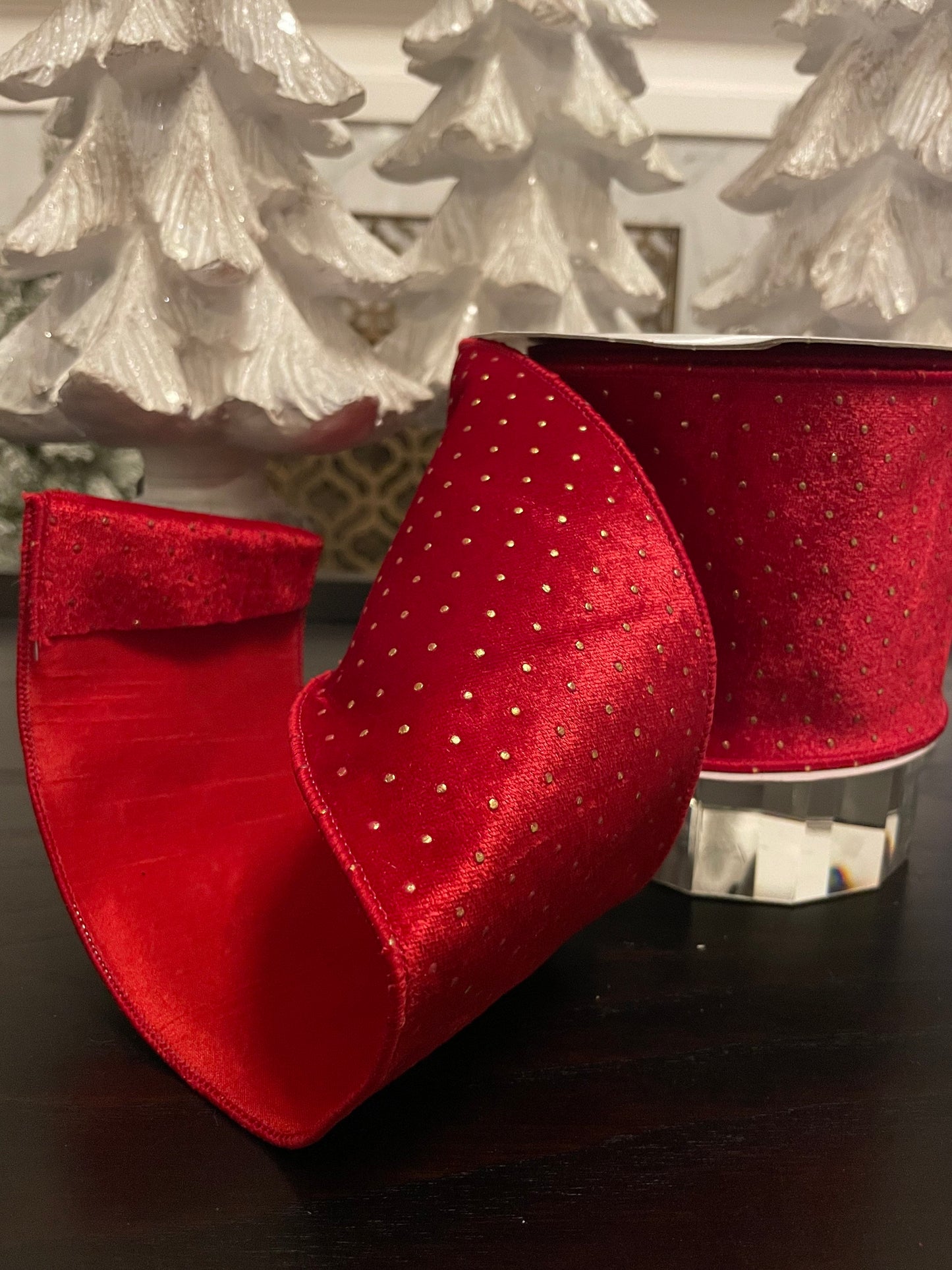 Designer textured gold dots red ribbon. 4”x 10 yards. Wired.*