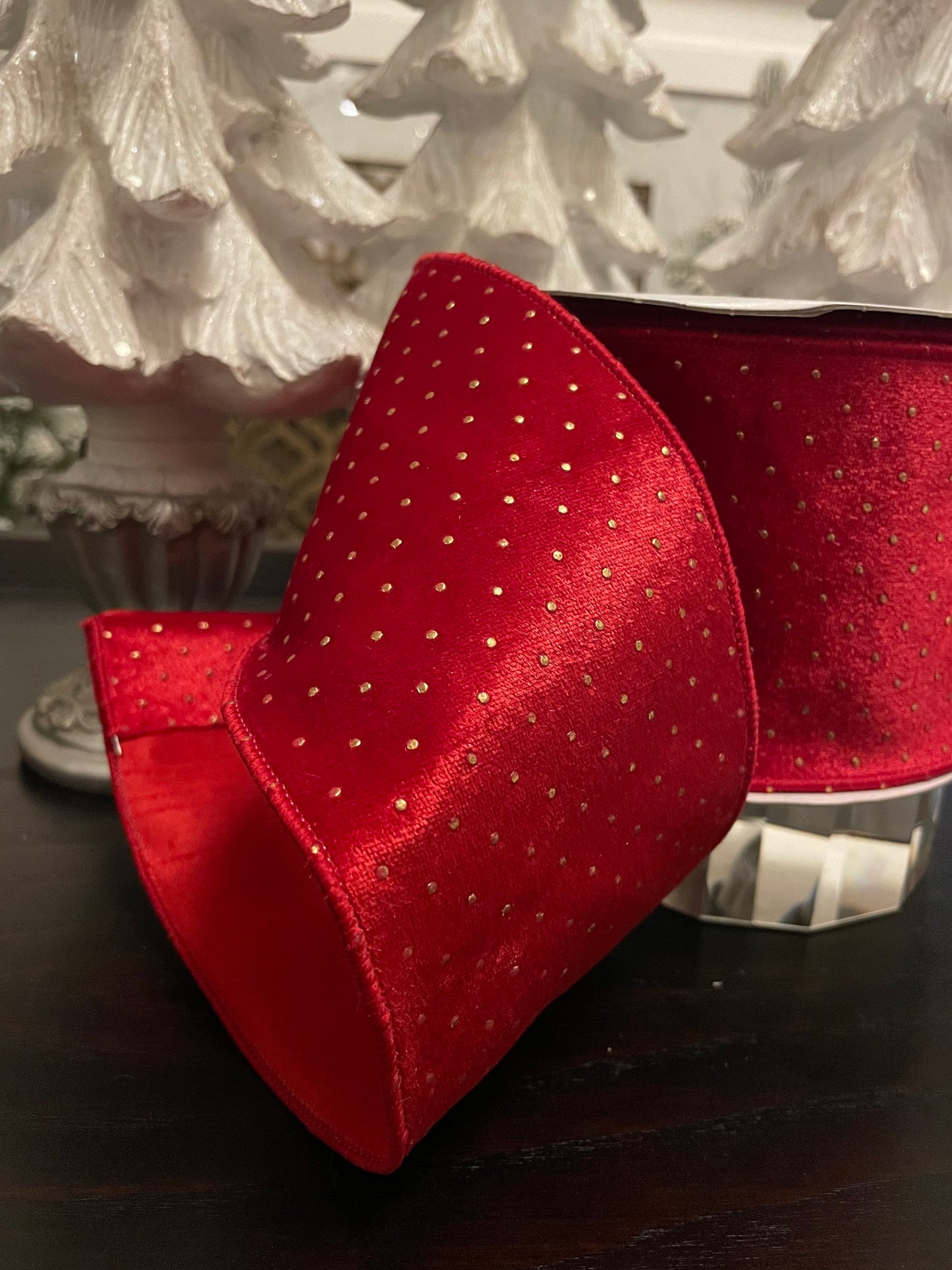 Designer textured gold dots red ribbon. 4”x 10 yards. Wired.*