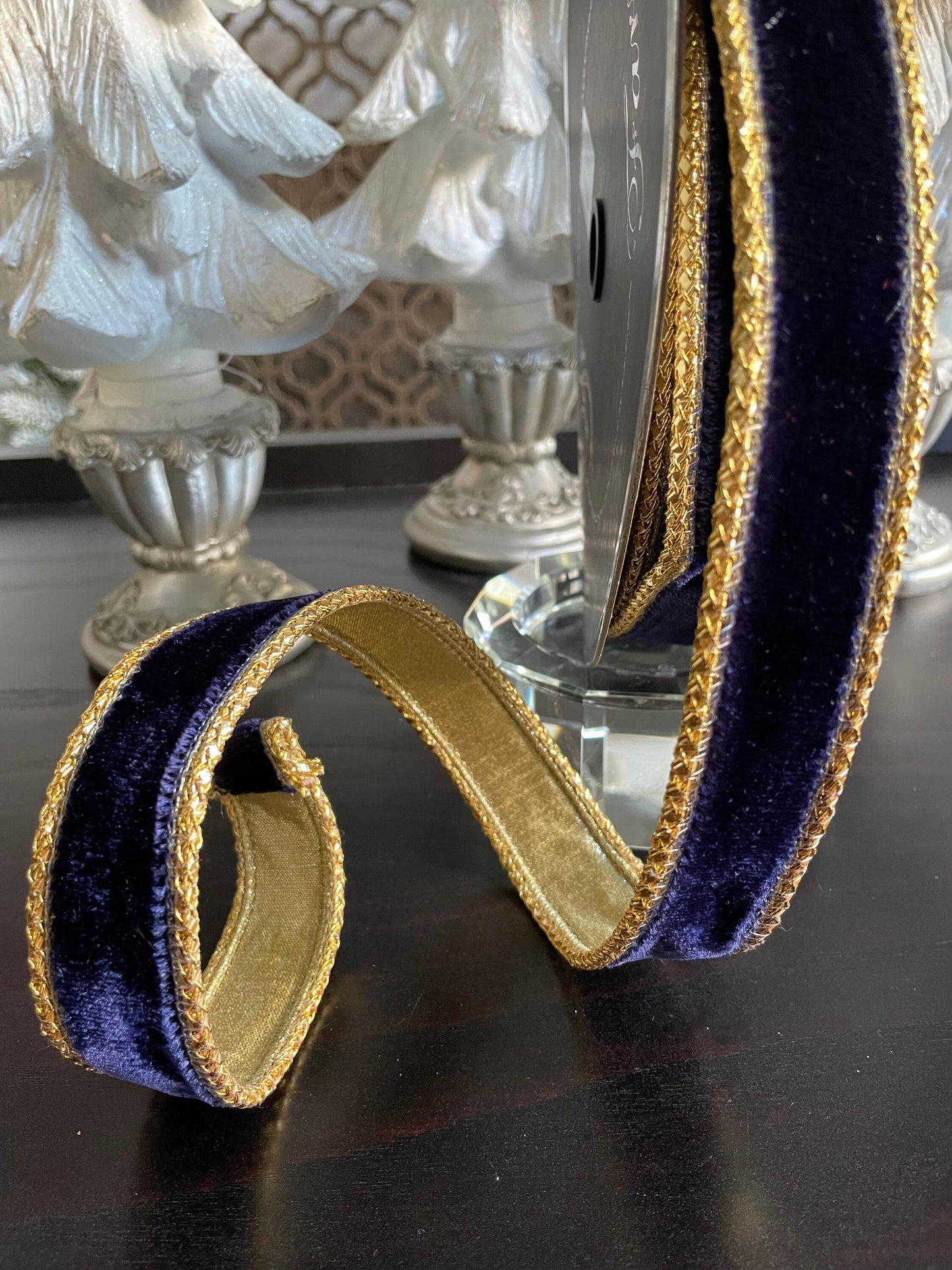 Designer royal velvet navy blue ribbon. 1”x 10 yards. Wired.*