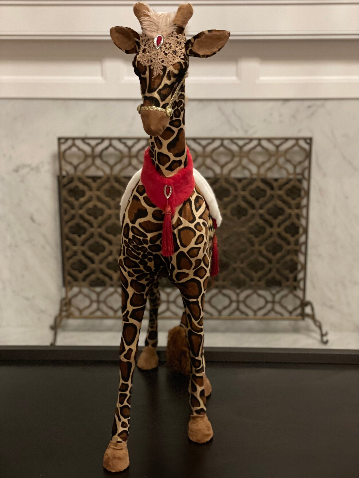 38h x 26w inch approx. Circus giraffe ornament/tabletop. Lace and jewel embellishments. Circus. Christmas. Animal party.