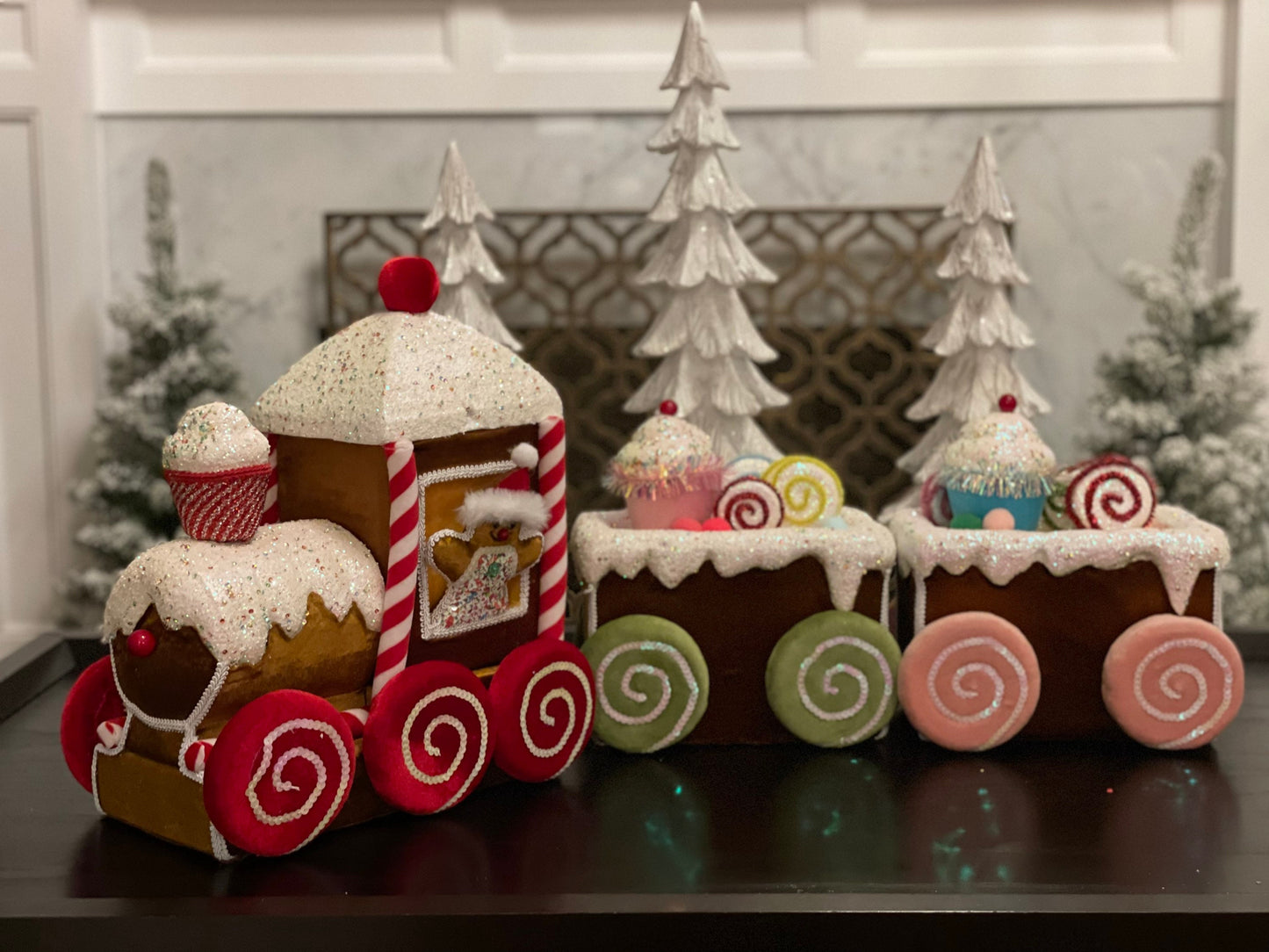 33” Velvet gingerbread candy train with cupcakes and candy.