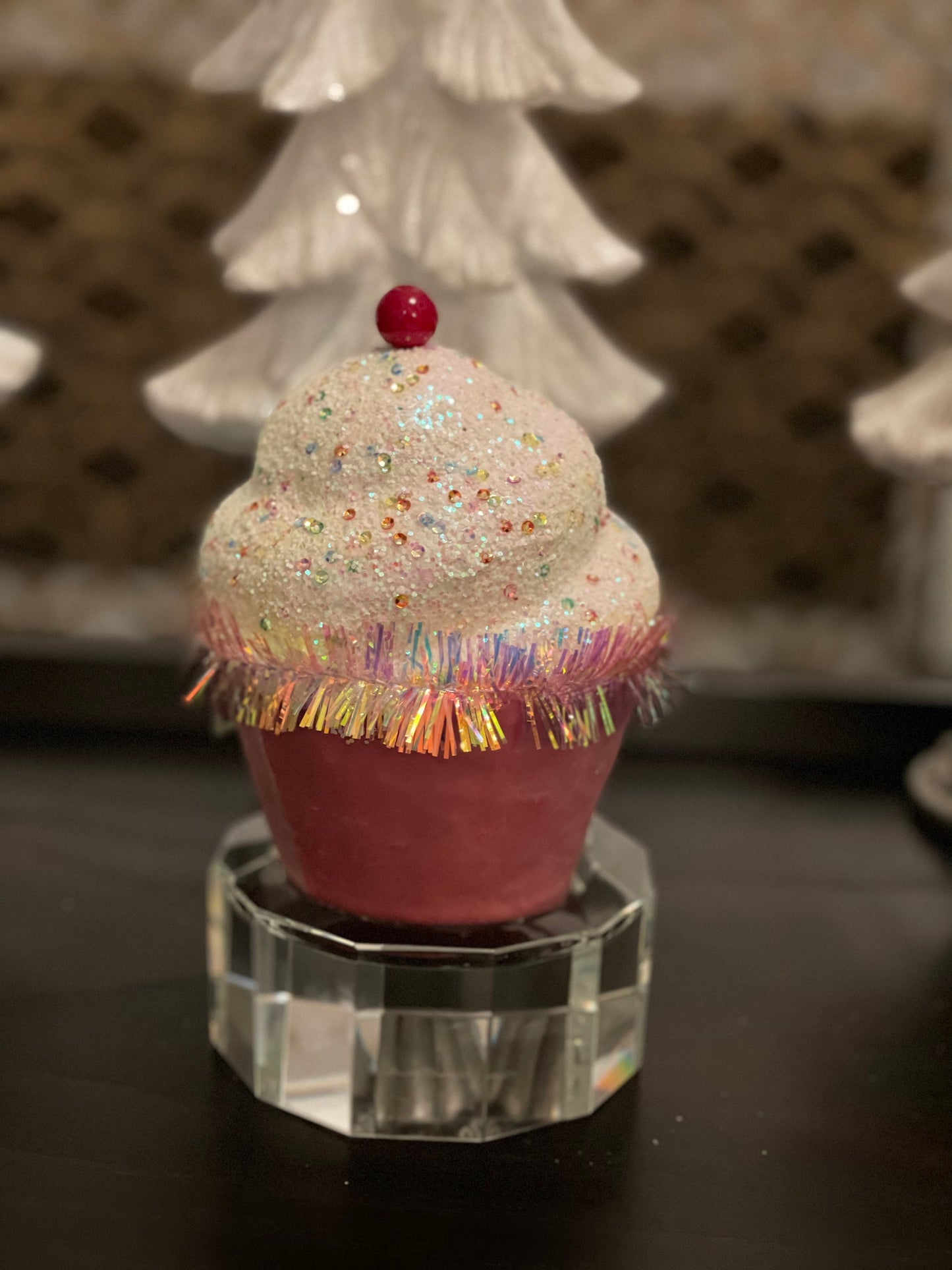 7” Pink Cupcake with sprinkles ornament. One pink cupcake.