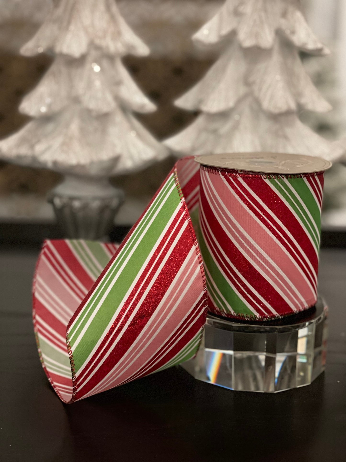 Designer satin red glitter pink green white candy cane ribbon. 4”x 10 yards. Wired.*