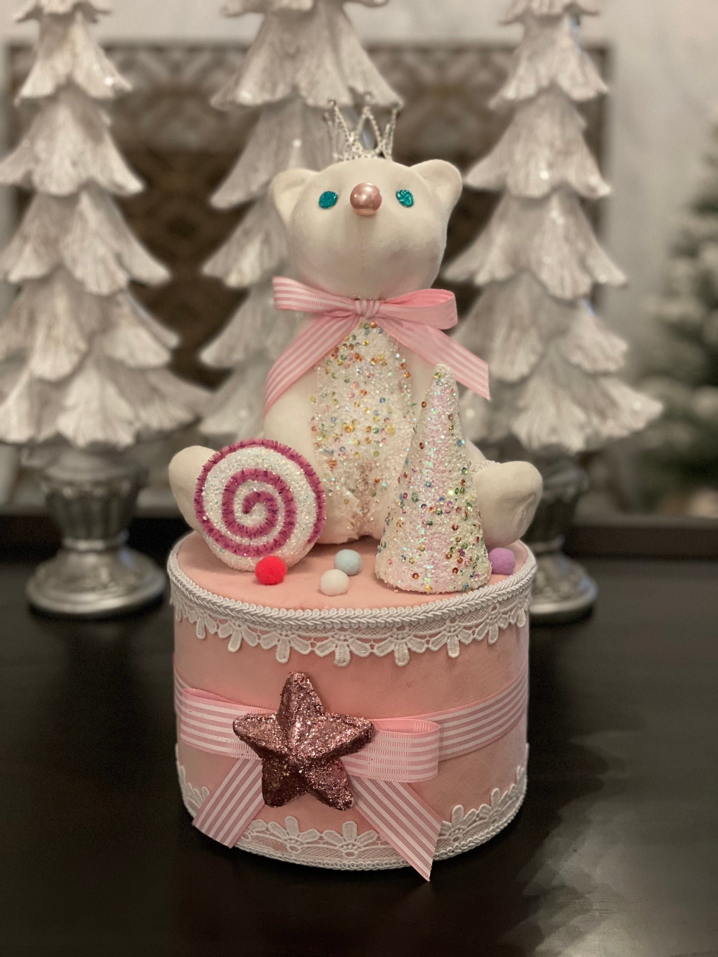15”h x 7.5”w princess bear on pink cake/ gift box. Christmas. Tree toper. Ornament. Tabletop.