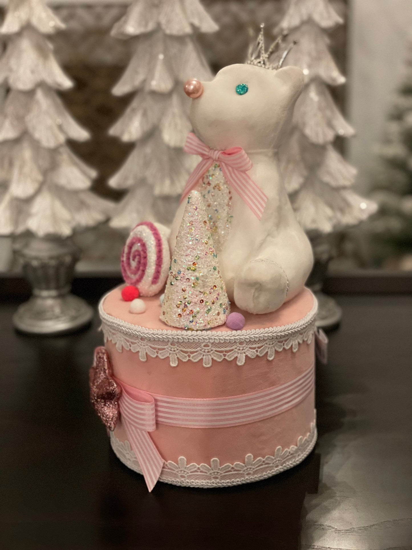 15”h x 7.5”w princess bear on pink cake/ gift box. Christmas. Tree toper. Ornament. Tabletop.