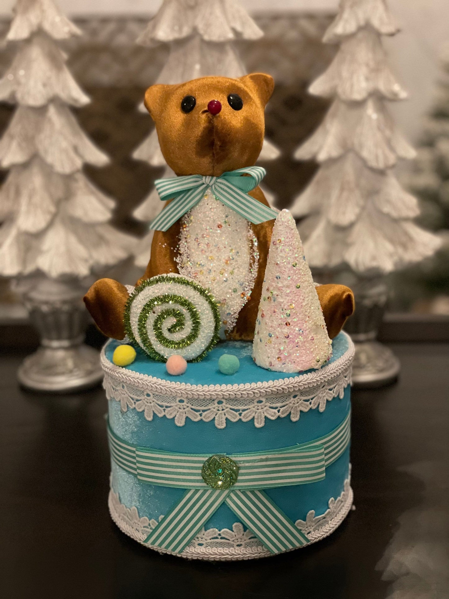 13”h x 7.5”w bear on blue cake. Bear on gift box. Christmas. Tree toper. Ornament. Tabletop. Baby shower. Baby.