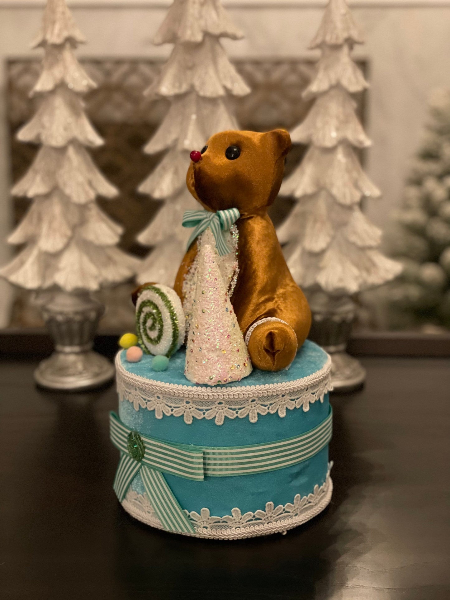 13”h x 7.5”w bear on blue cake. Bear on gift box. Christmas. Tree toper. Ornament. Tabletop. Baby shower. Baby.