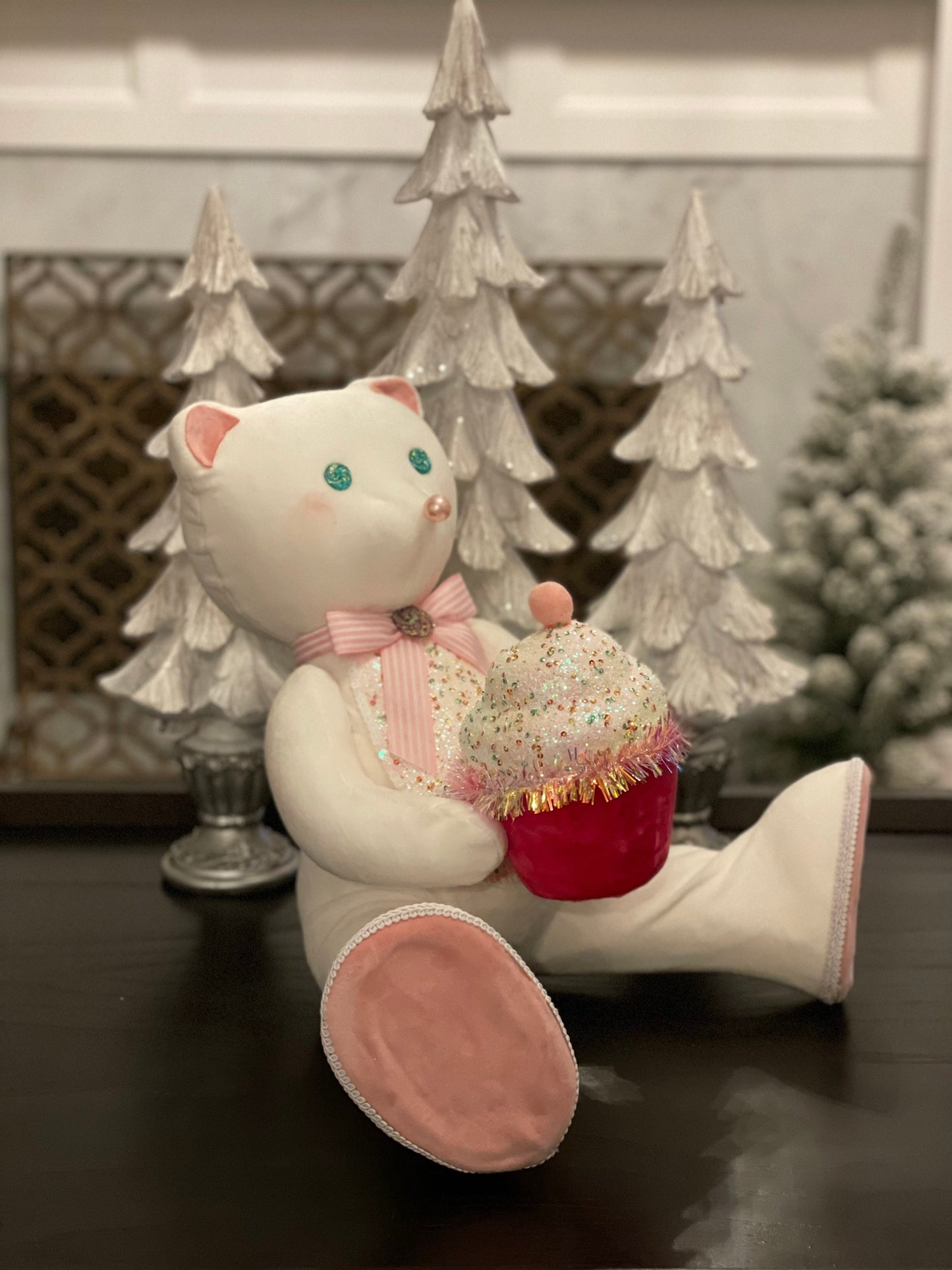 14.5”h x 13” w bear holding a cupcake. Christmas. Ornament. Tabletop. Display.