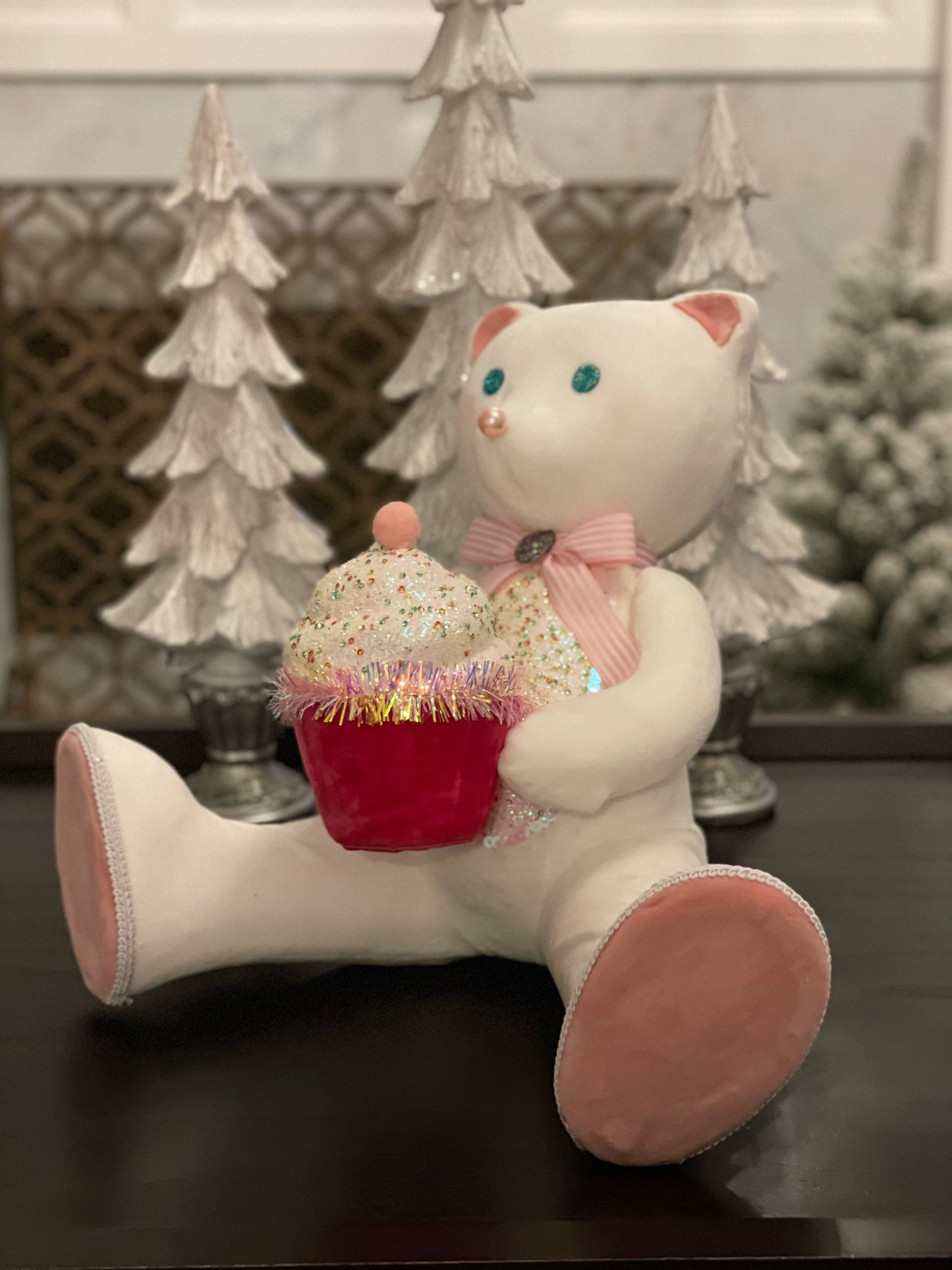 14.5”h x 13” w bear holding a cupcake. Christmas. Ornament. Tabletop. Display.