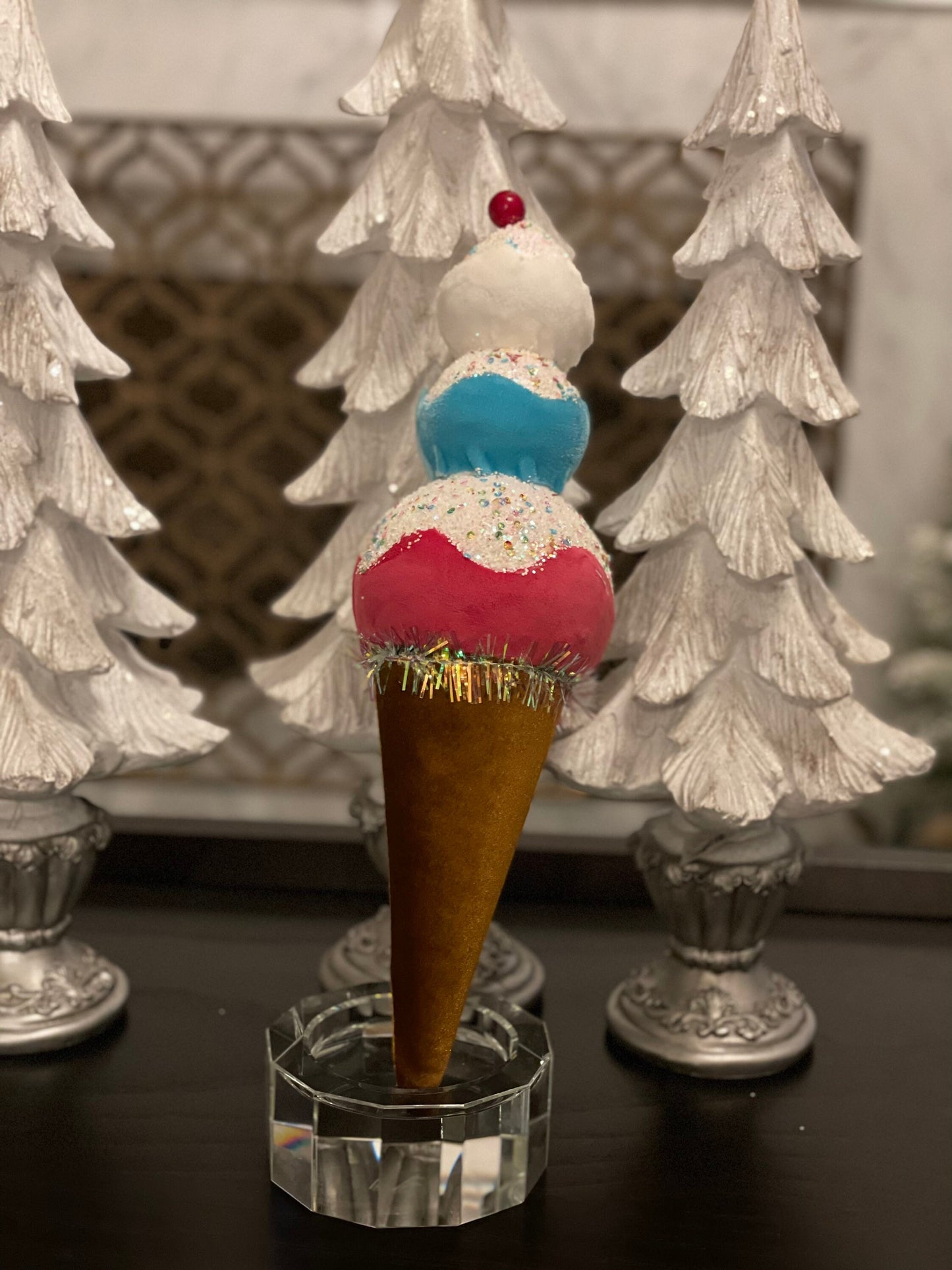 16” ice cream cone turquoise, pink and white. Ornament.