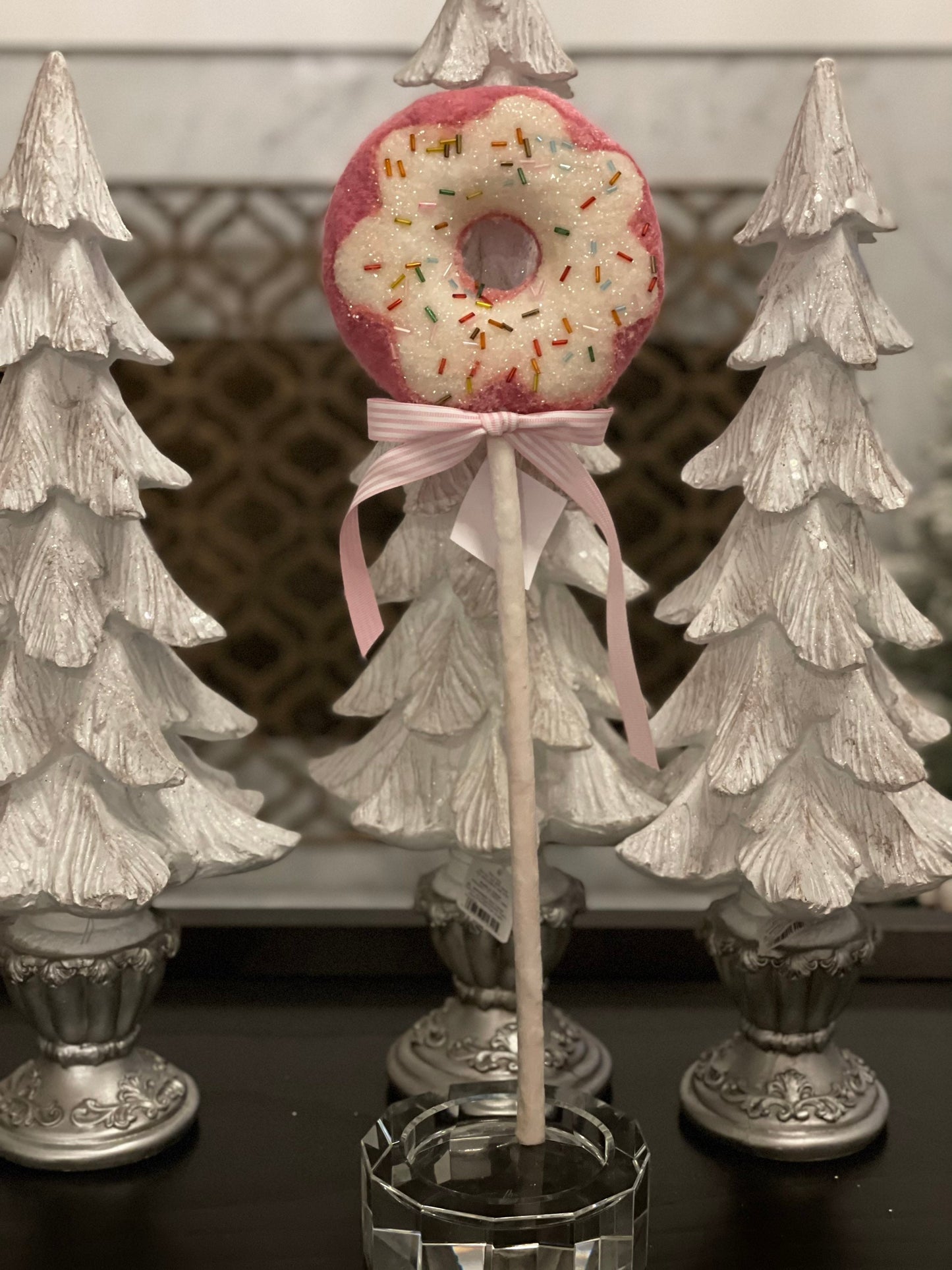 18” H x 5.5” D. Pink Dougnut pick ornament.
