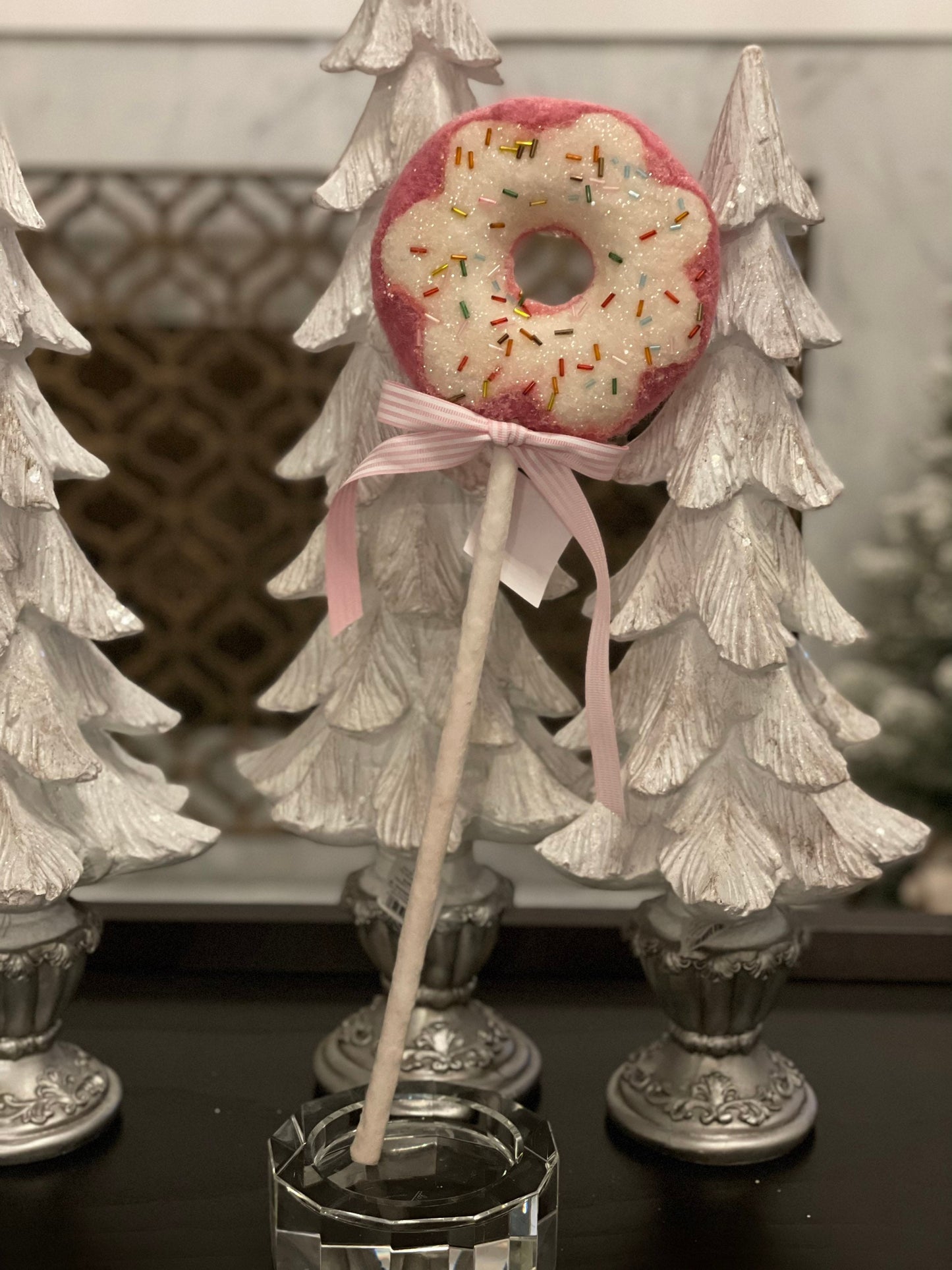 18” H x 5.5” D. Pink Dougnut pick ornament.
