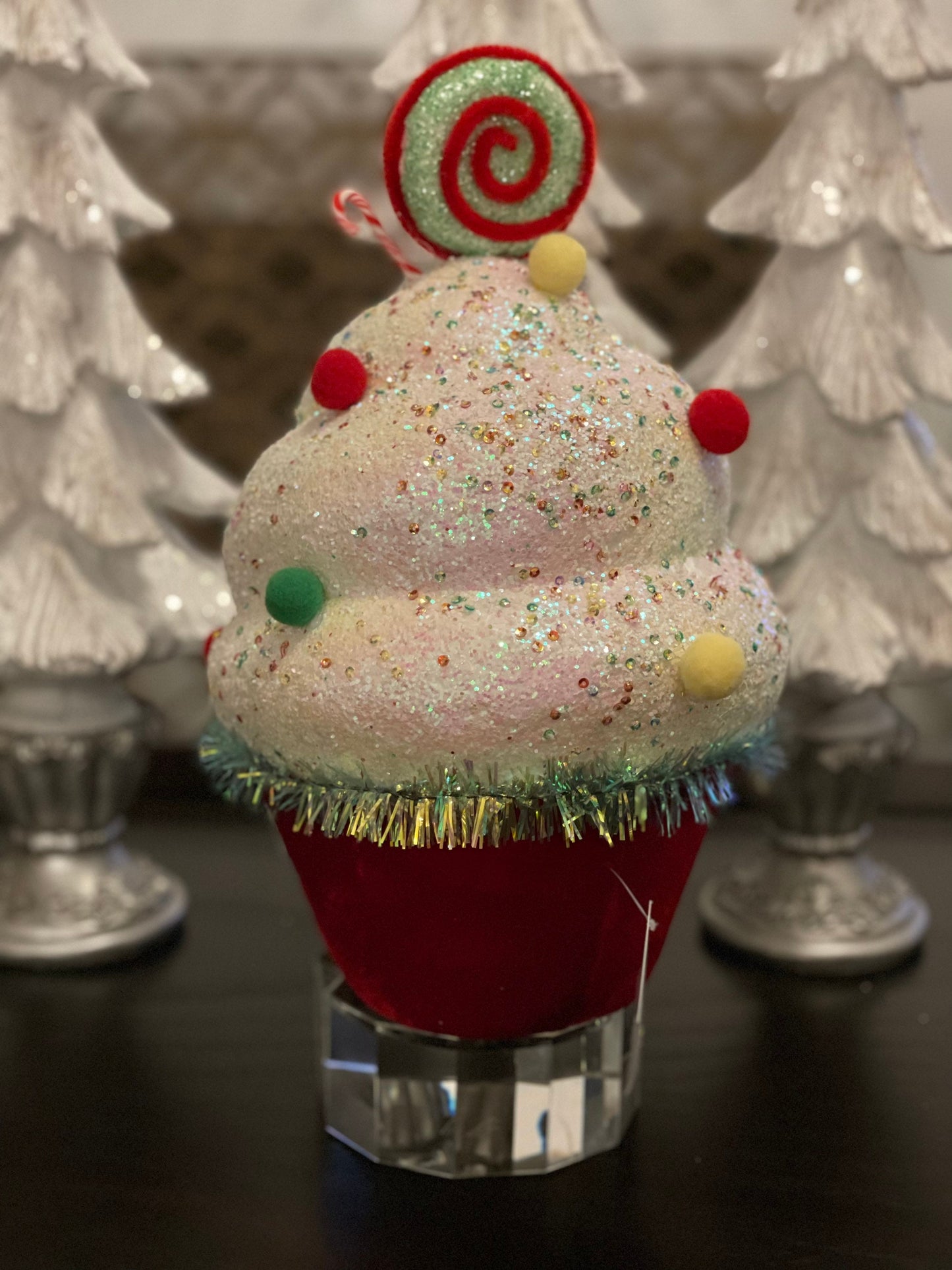 13” cupcake house velvet. Red, green and yellow. Glitter, lace and sequins ornament. Candy theme ornament