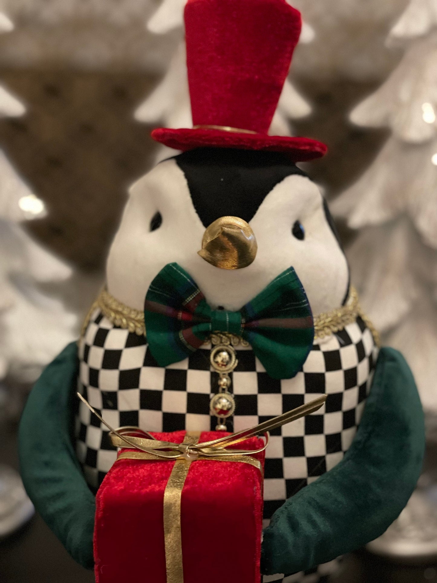 13” H x 8 W. Penguin green checkered ornament. Green, red, white and black. Christmas.