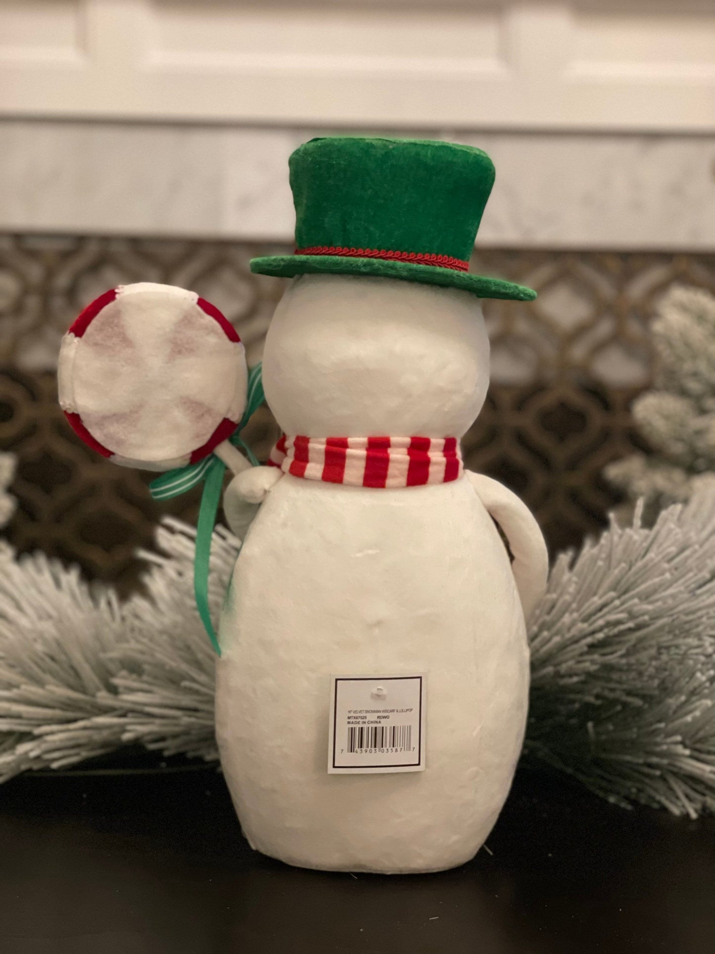 16"velvet snowman w/scarf & lollipop