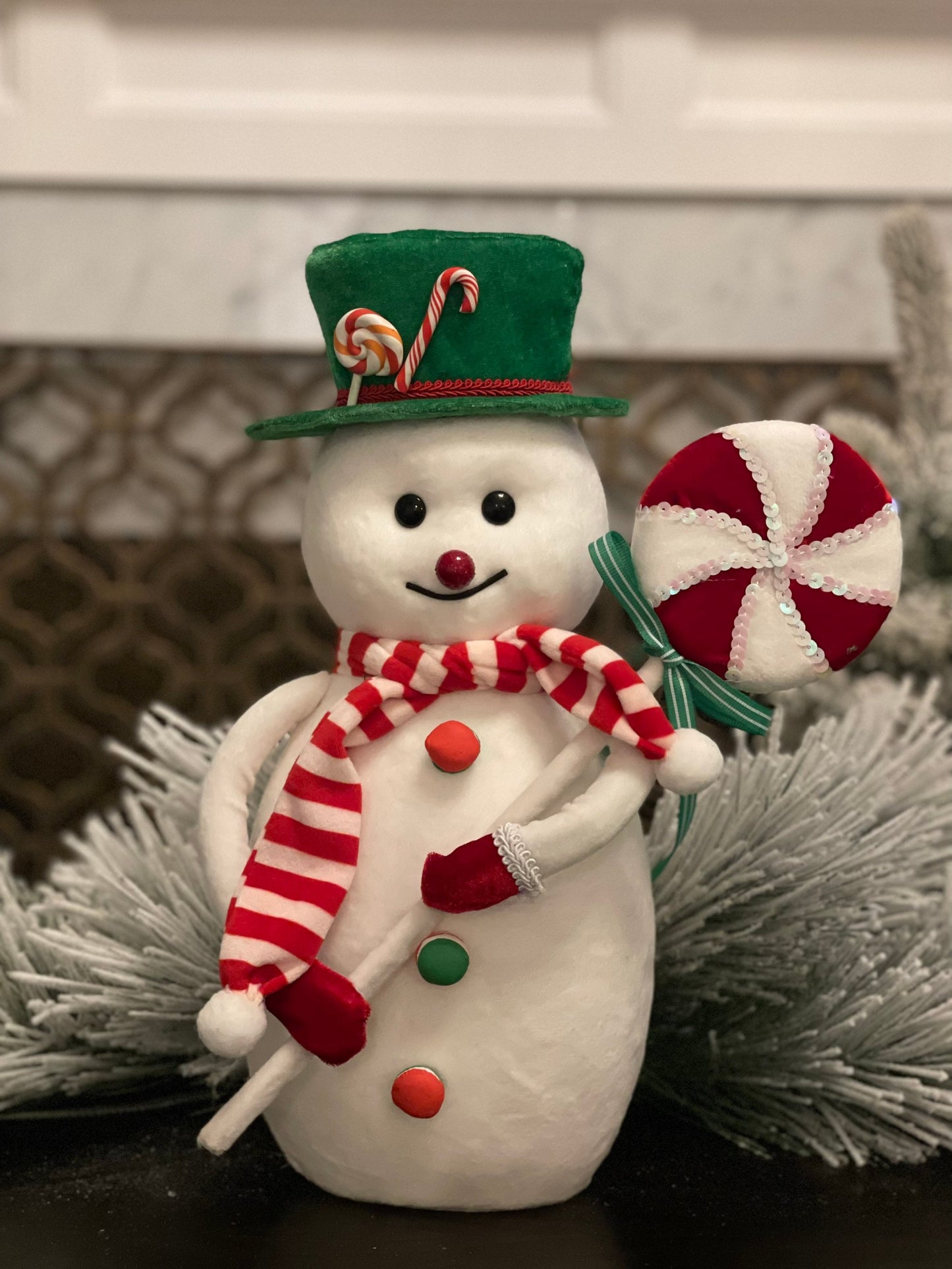16"velvet snowman w/scarf & lollipop