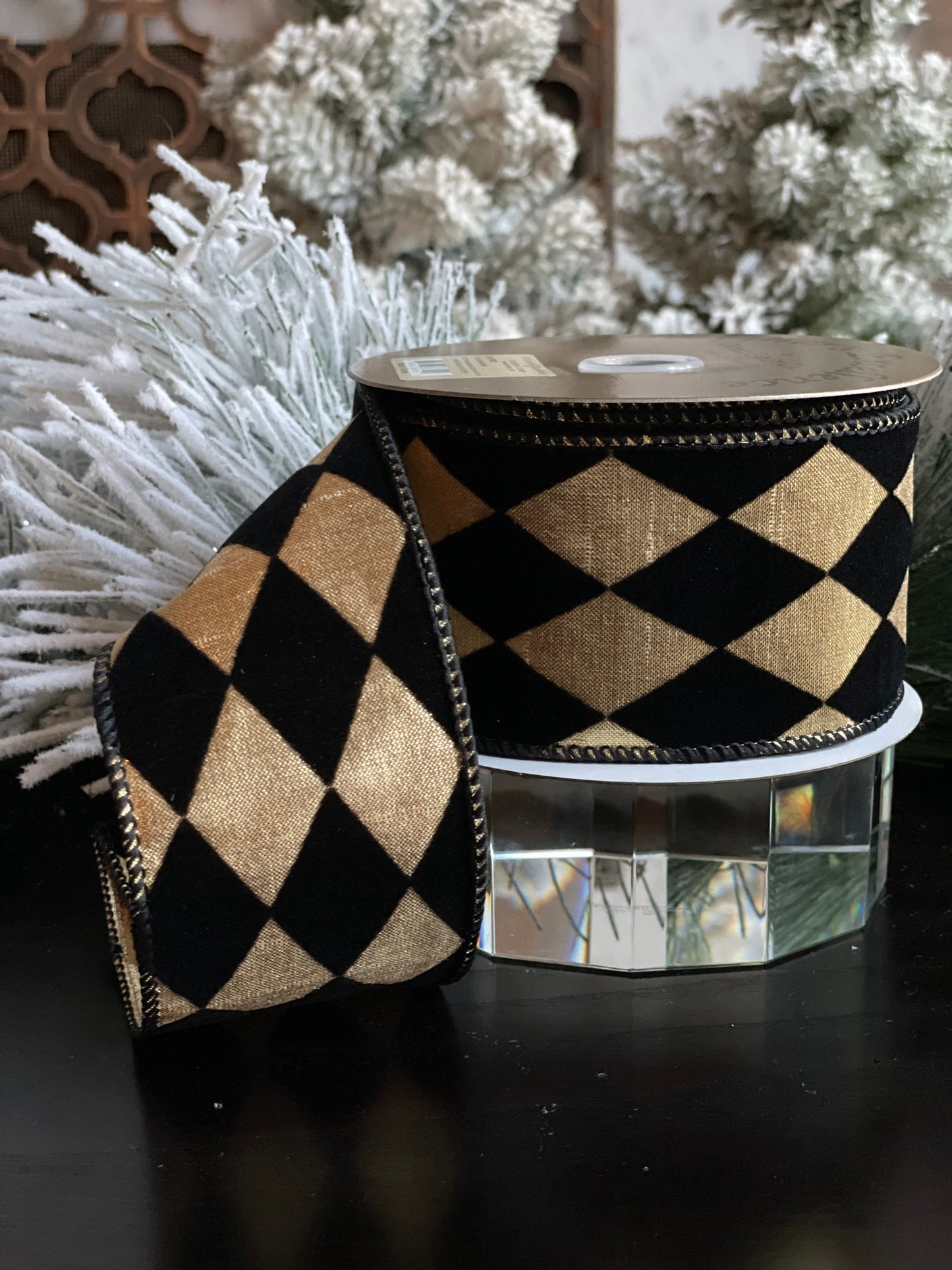 2.5"X 10 yds. Diamond ribbon. Black velvet diamonds. Black and gold. Wired.