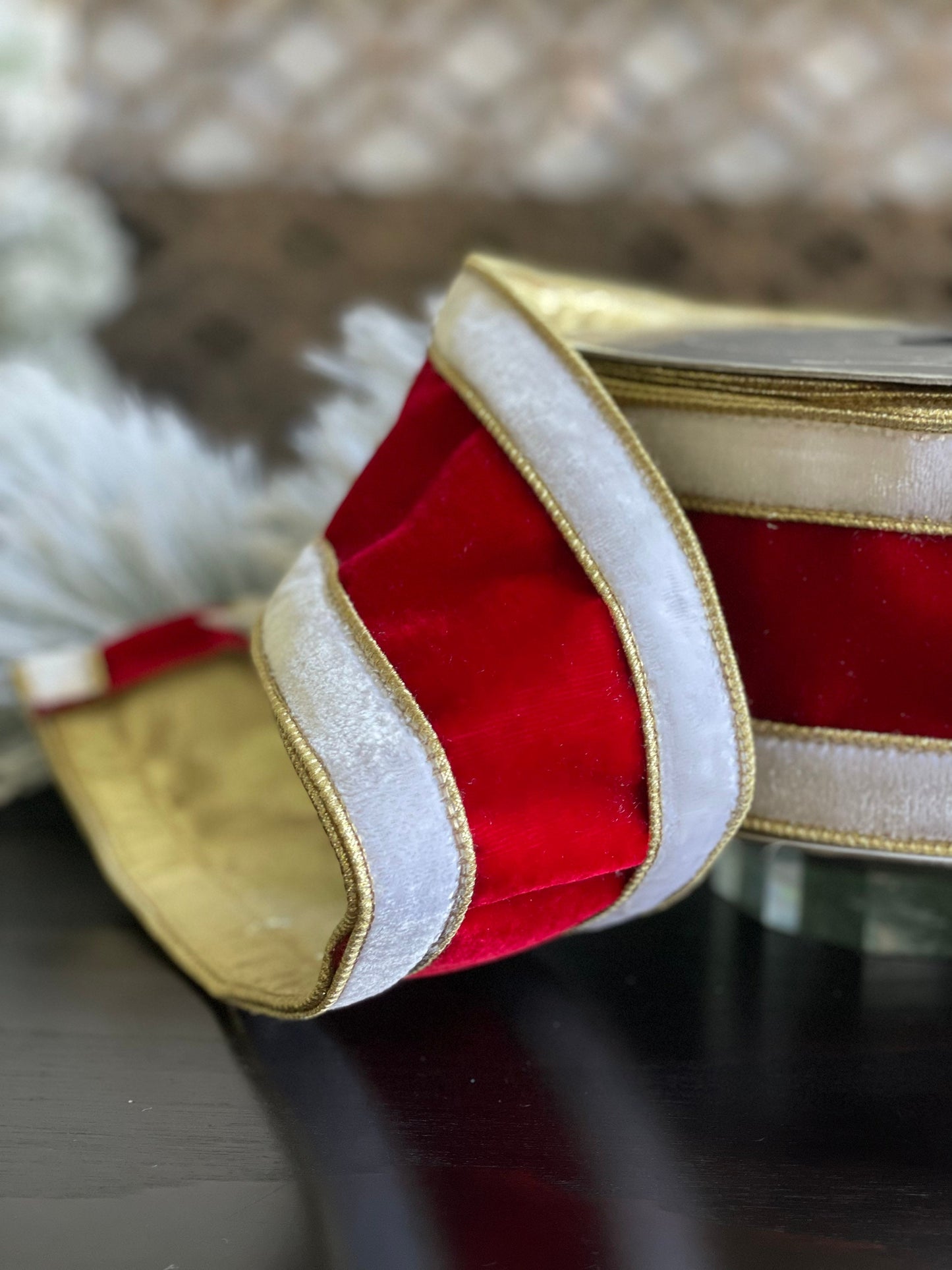 4" x 10 yds. Red, White and Gold Santa Velvet Ribbon. Wired. Beautiful!