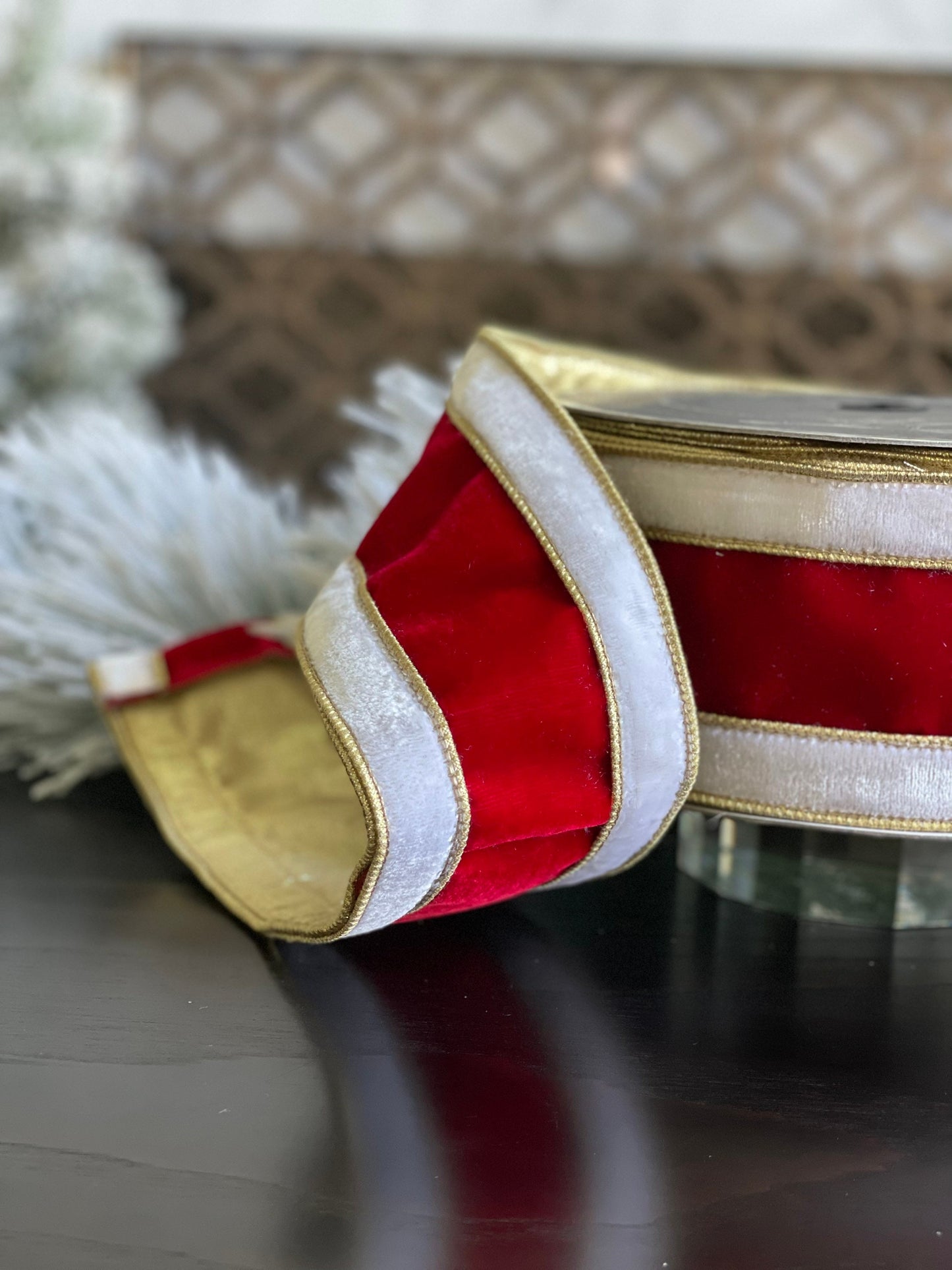 4" x 10 yds. Red, White and Gold Santa Velvet Ribbon. Wired. Beautiful!