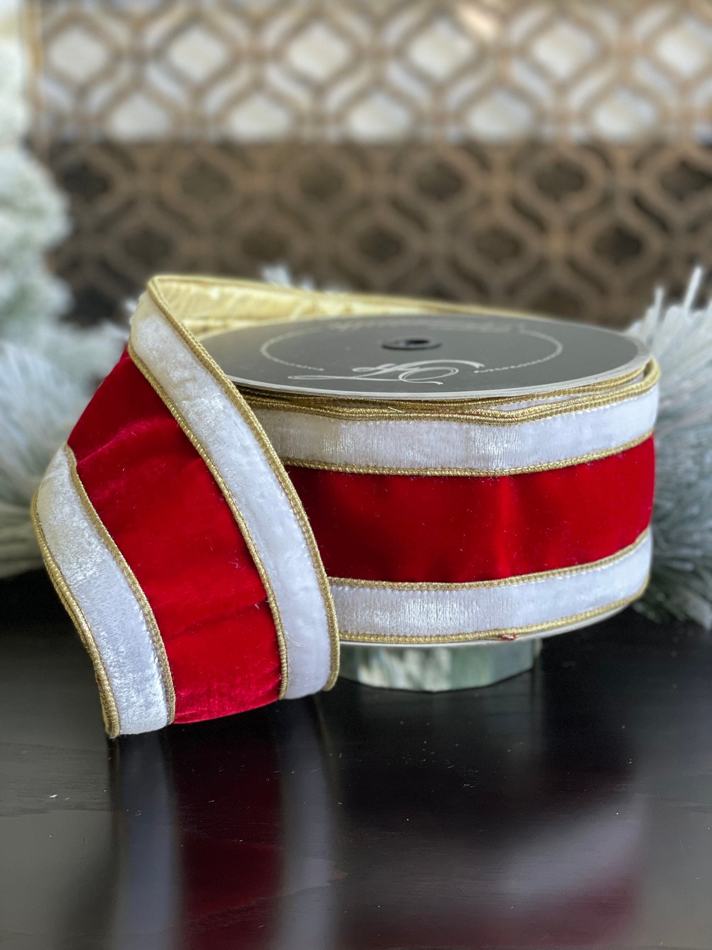 4" x 10 yds. Red, White and Gold Santa Velvet Ribbon. Wired. Beautiful!