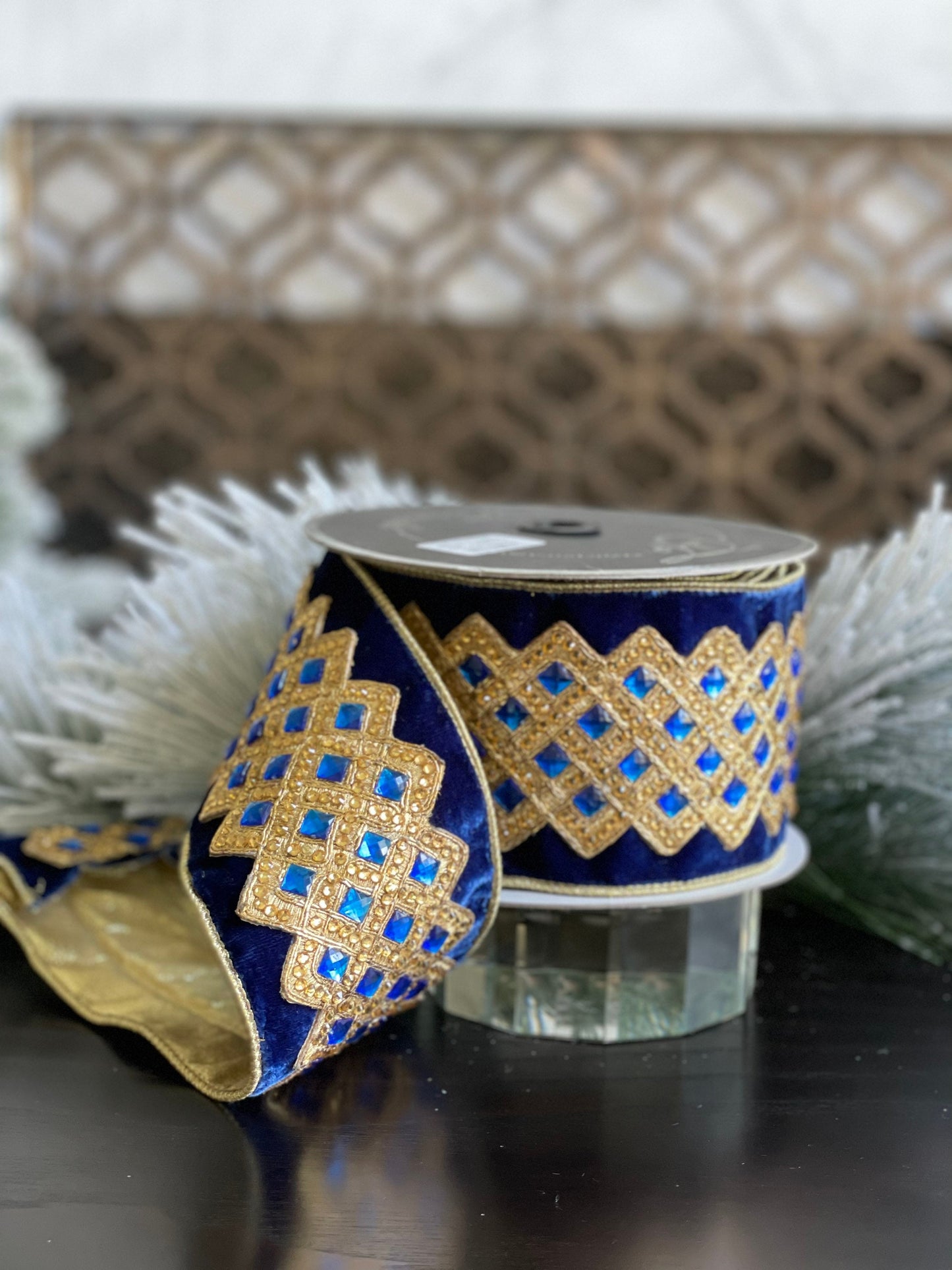 4” x 5 yds. Velvet bejeweled lattice indigo ribbon.