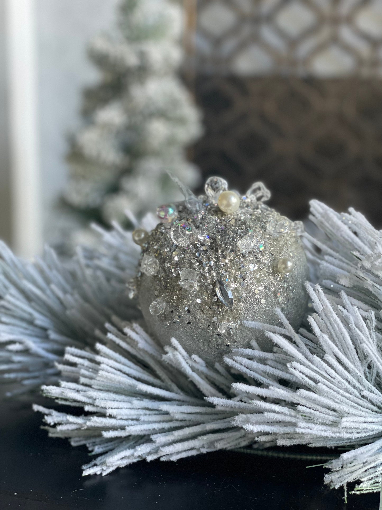 5” Beaded bejeweled ball silver