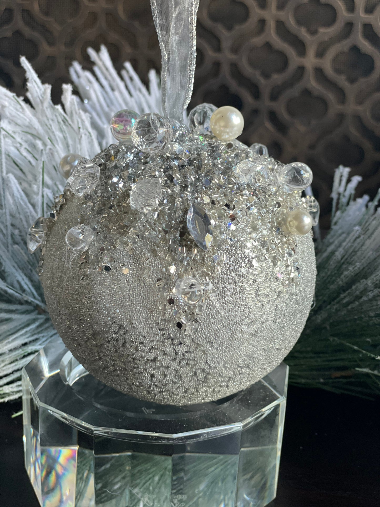 5” Beaded bejeweled ball silver