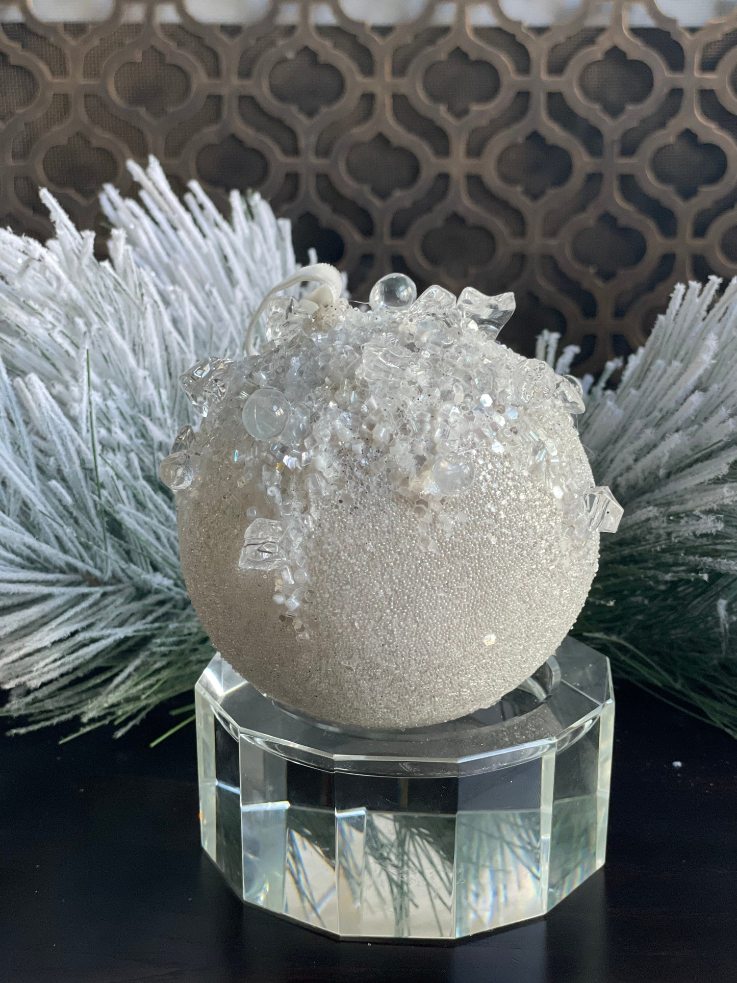 4” Beaded bejeweled ball white