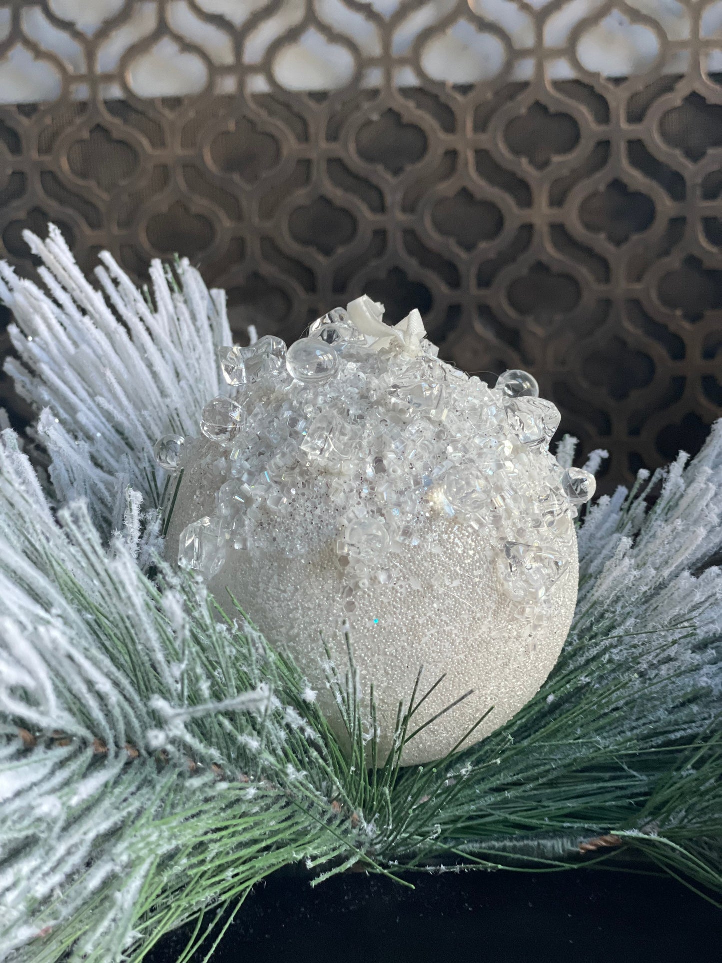 4” Beaded bejeweled ball white