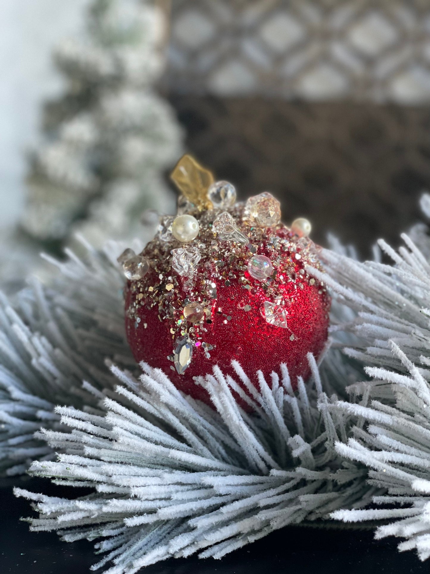 5” Beaded bejeweled ball red