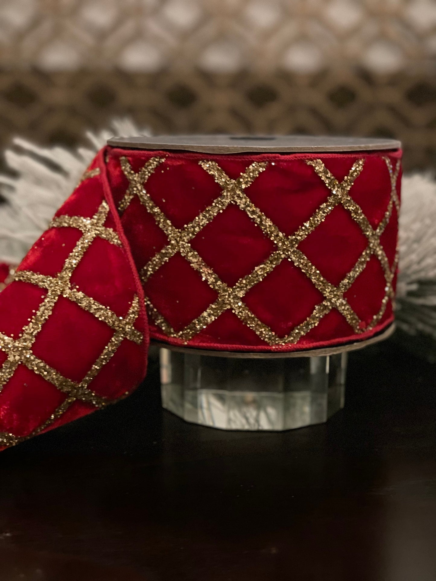 4” X 10 yds velvet glitter lattice ribbon. Red and gold.