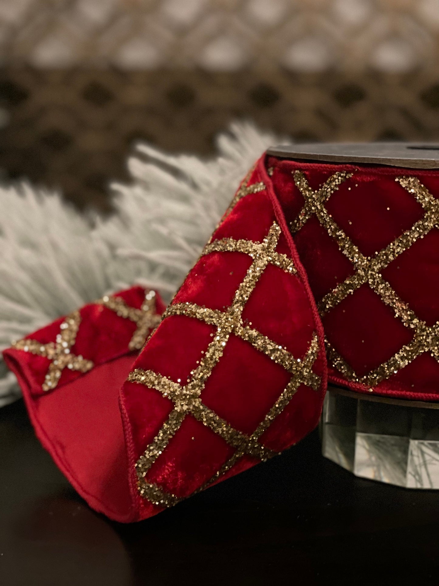 4” X 10 yds velvet glitter lattice ribbon. Red and gold.