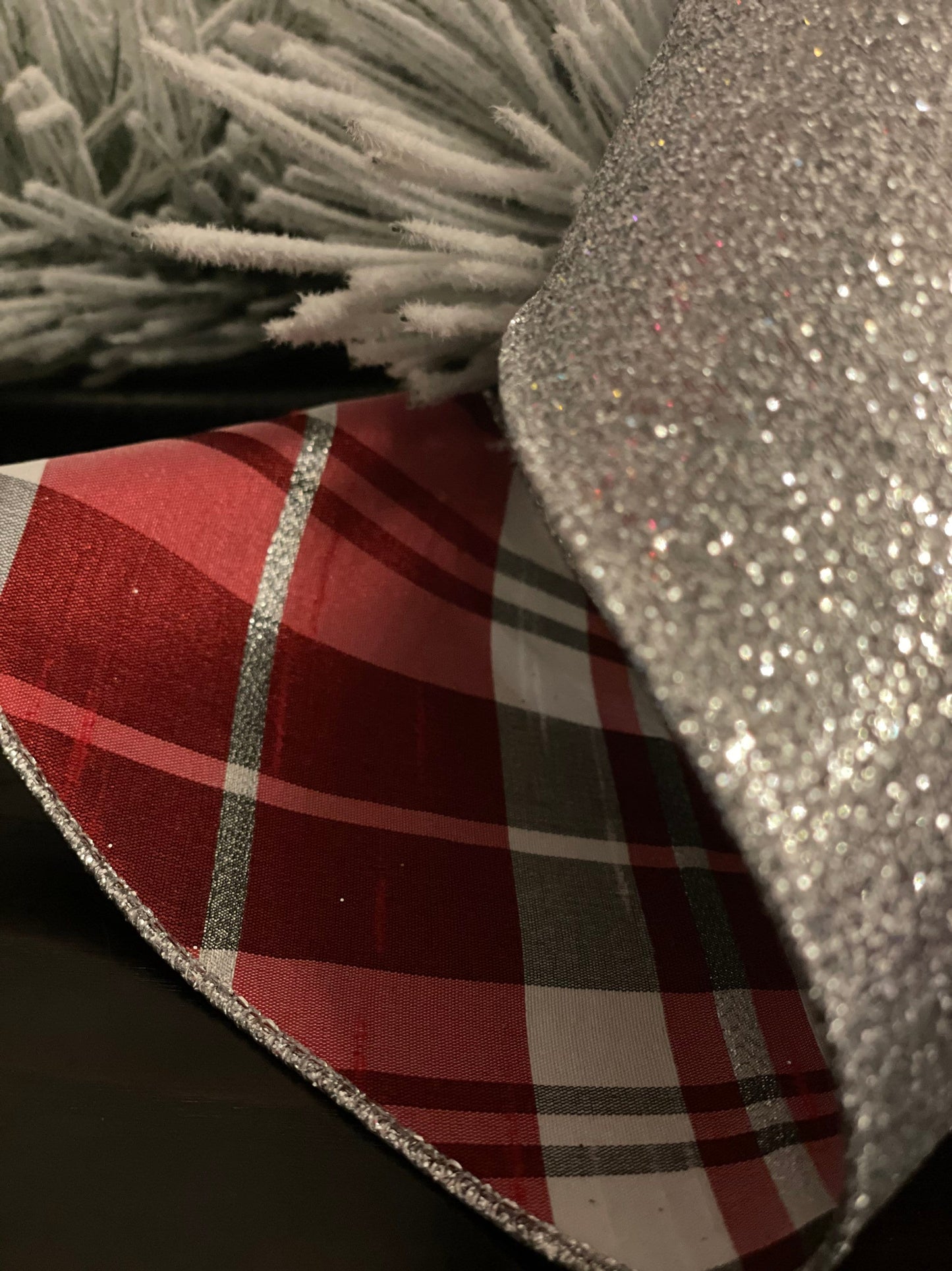 4" X 10 Yards Plaid on the bias. Red and silver. Farrisilk.
