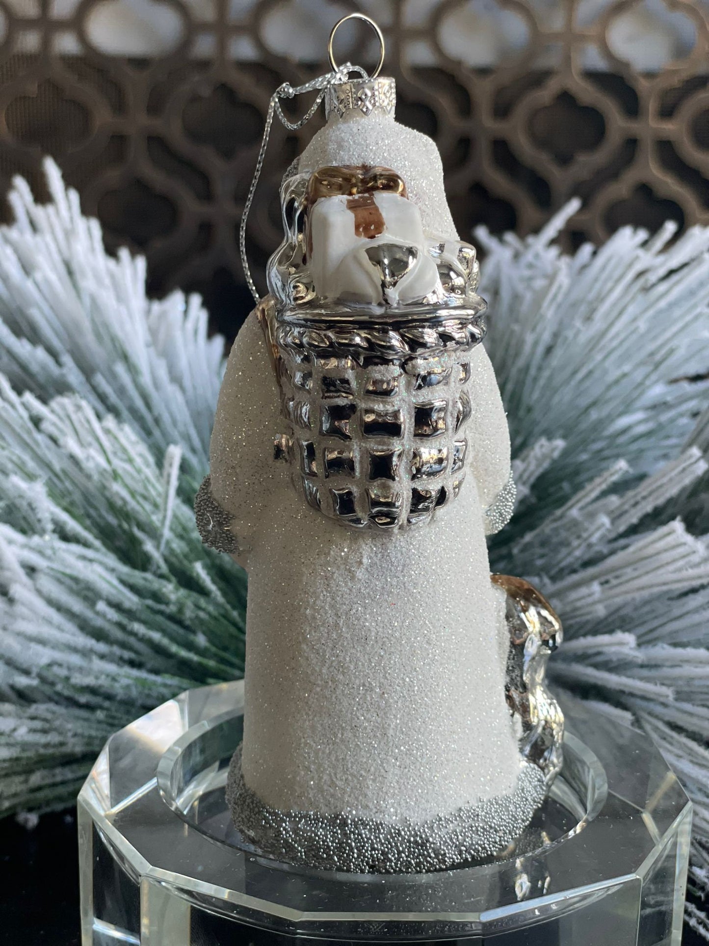 6" glass beaded santa w/deer ornament