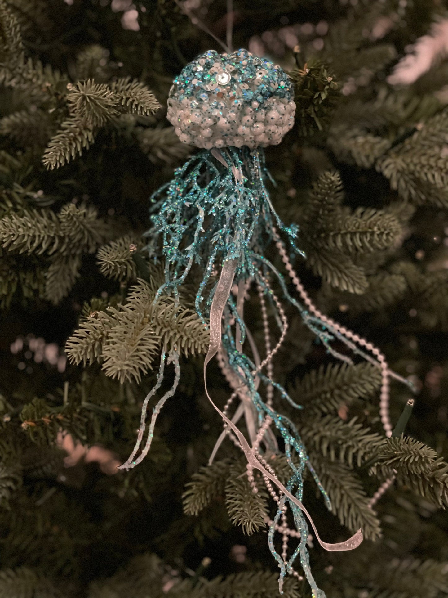 SET of 2. 12"glitter sequins styro jelly fish ornament. Sea or beach theme ornament.