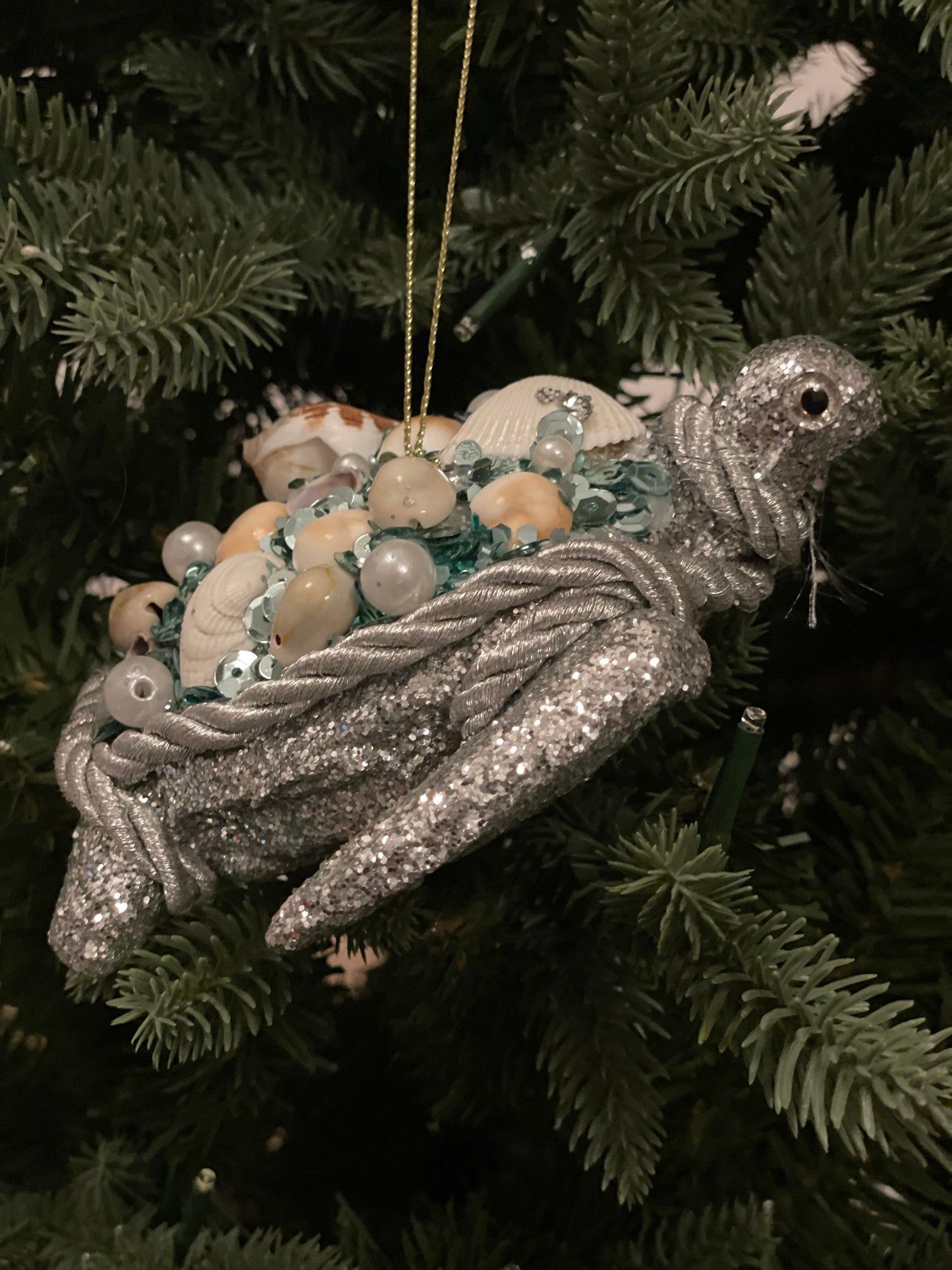 SET of 2. 6"glitter shell turtle ornament. Sea or beach theme ornament.