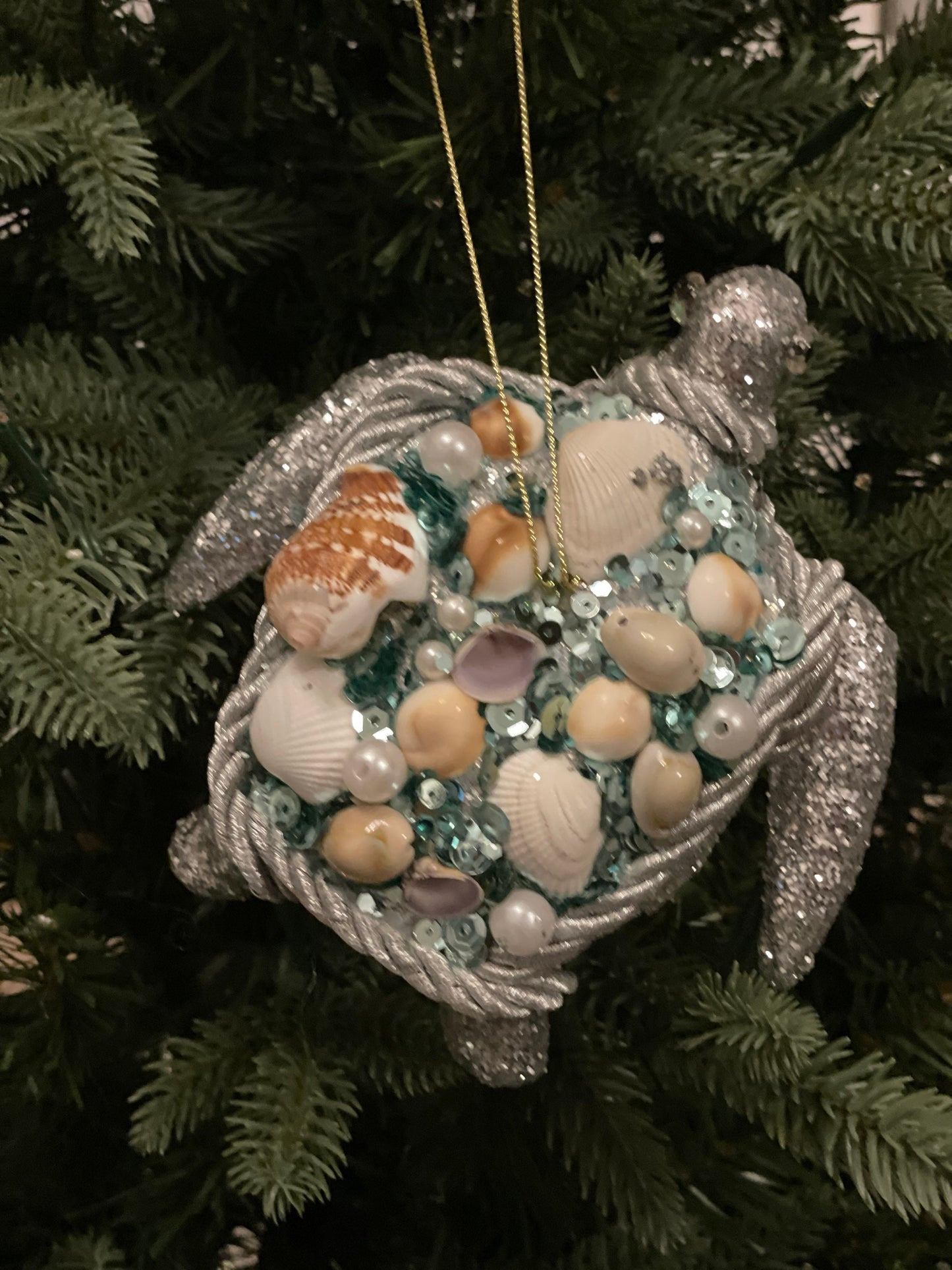 SET of 2. 6"glitter shell turtle ornament. Sea or beach theme ornament.
