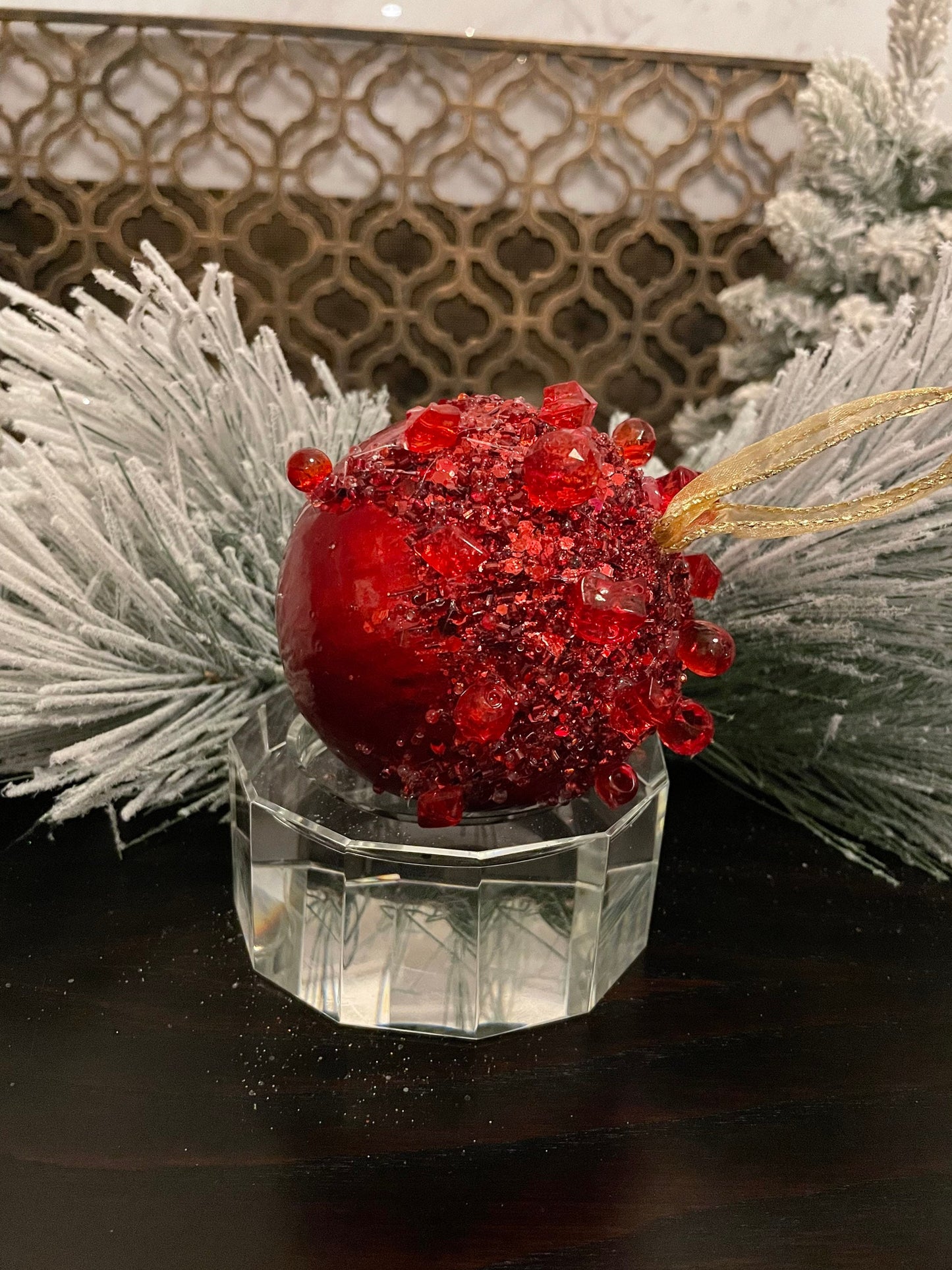 4" heavy jeweled ball ornament red