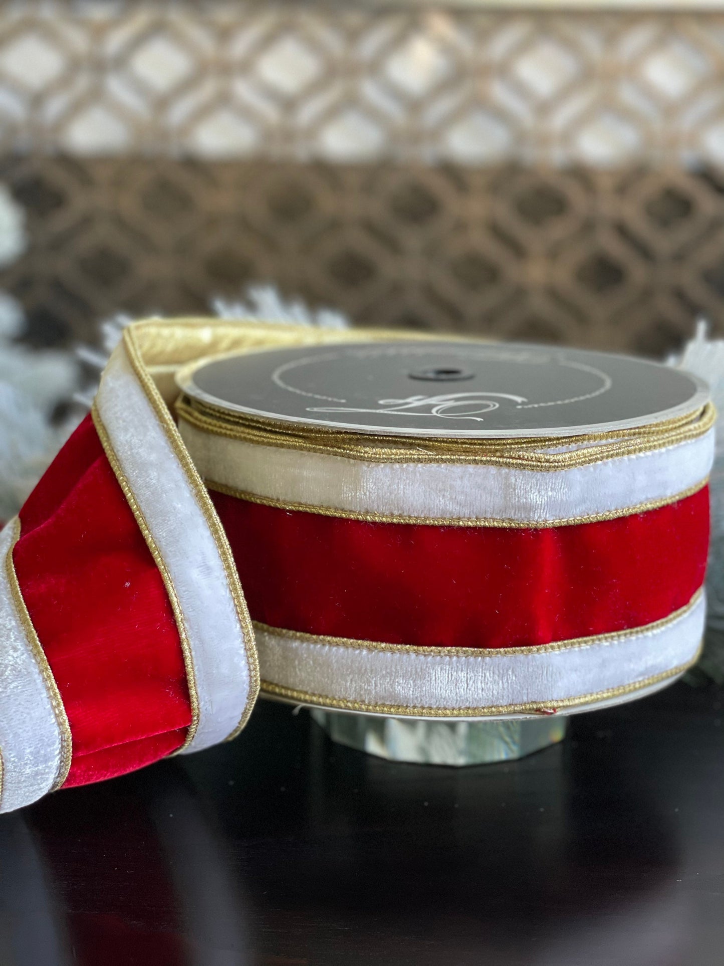 4" x 10 yds. Red, White and Gold Santa Velvet Ribbon. Wired. Beautiful!